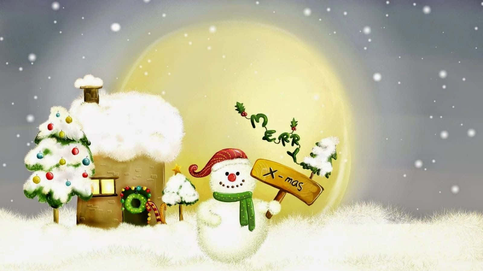 Christmas Cartoon, snowman, cozy snow-covered house, HD Desktop Wallpaper