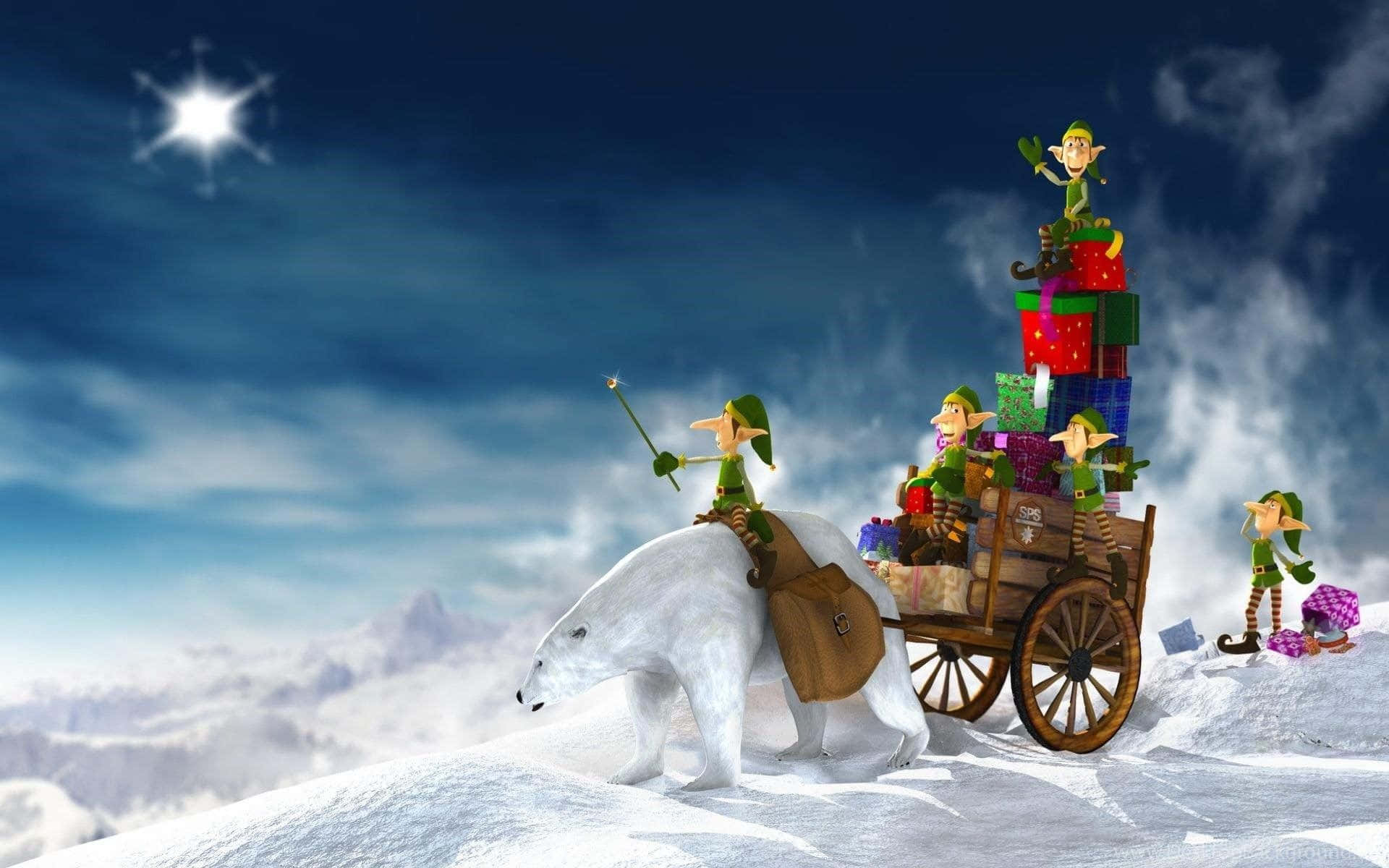 Christmas Cartoon, white polar bear, festive elves, Full HD Desktop Wallpaper