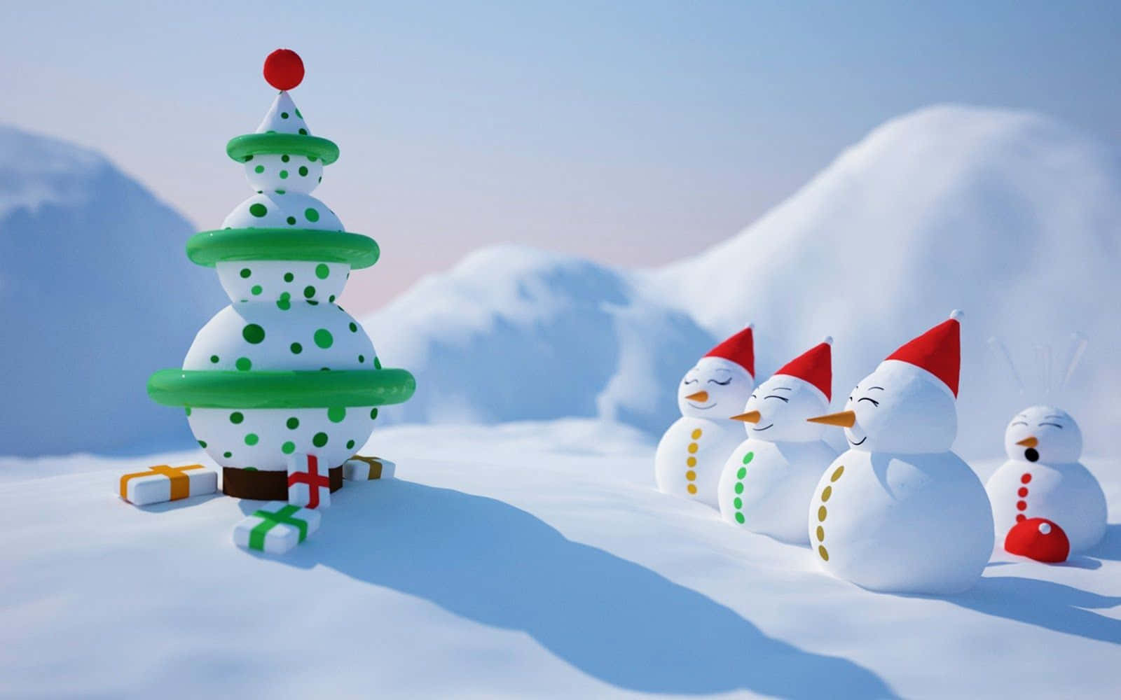 Christmas Cartoon, snowmen, red hats, HD Desktop Wallpaper