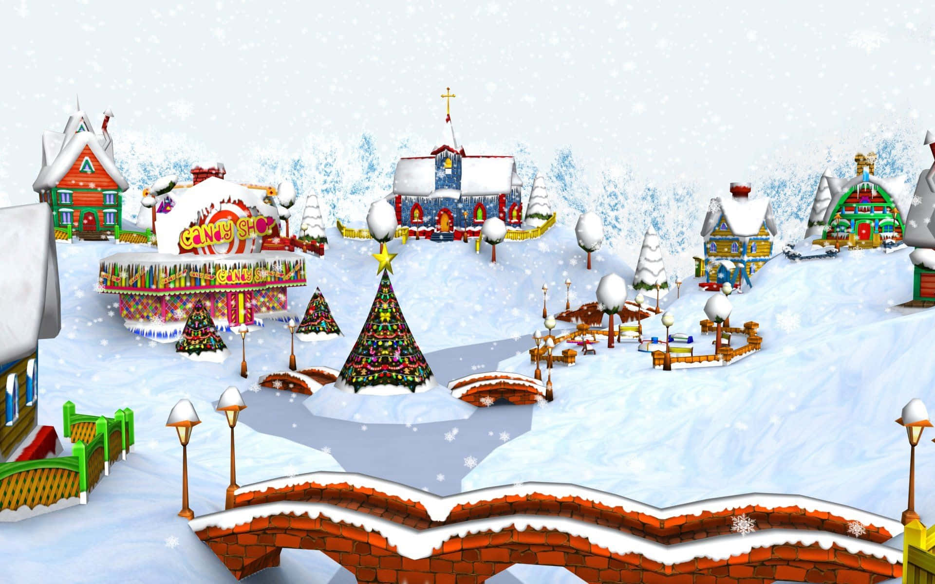 Christmas Cartoon, snow-covered village, candy-themed buildings, Full HD Desktop Wallpaper