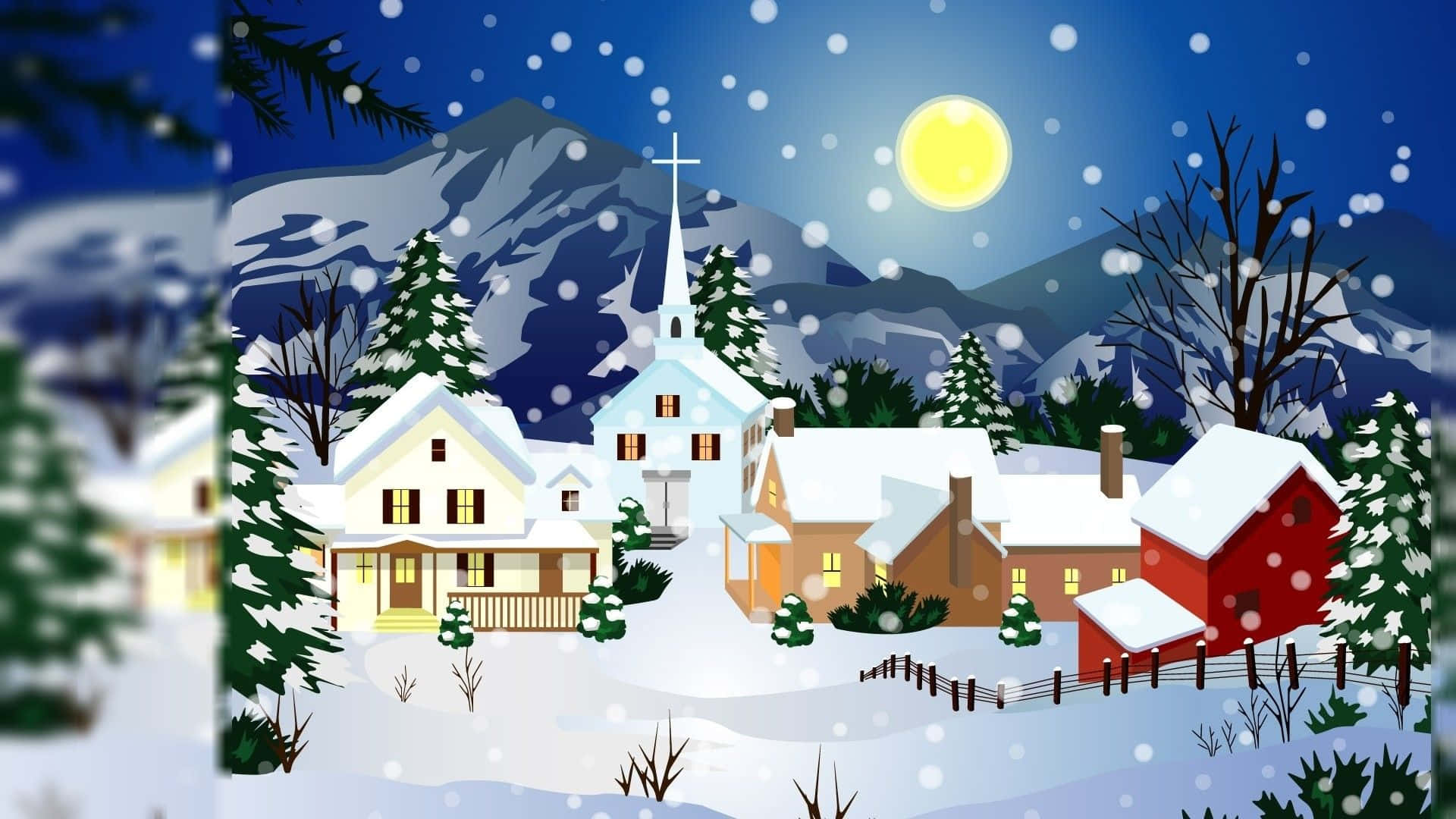 Christmas Cartoon, snowy village, snow-covered houses, Full HD Desktop Wallpaper