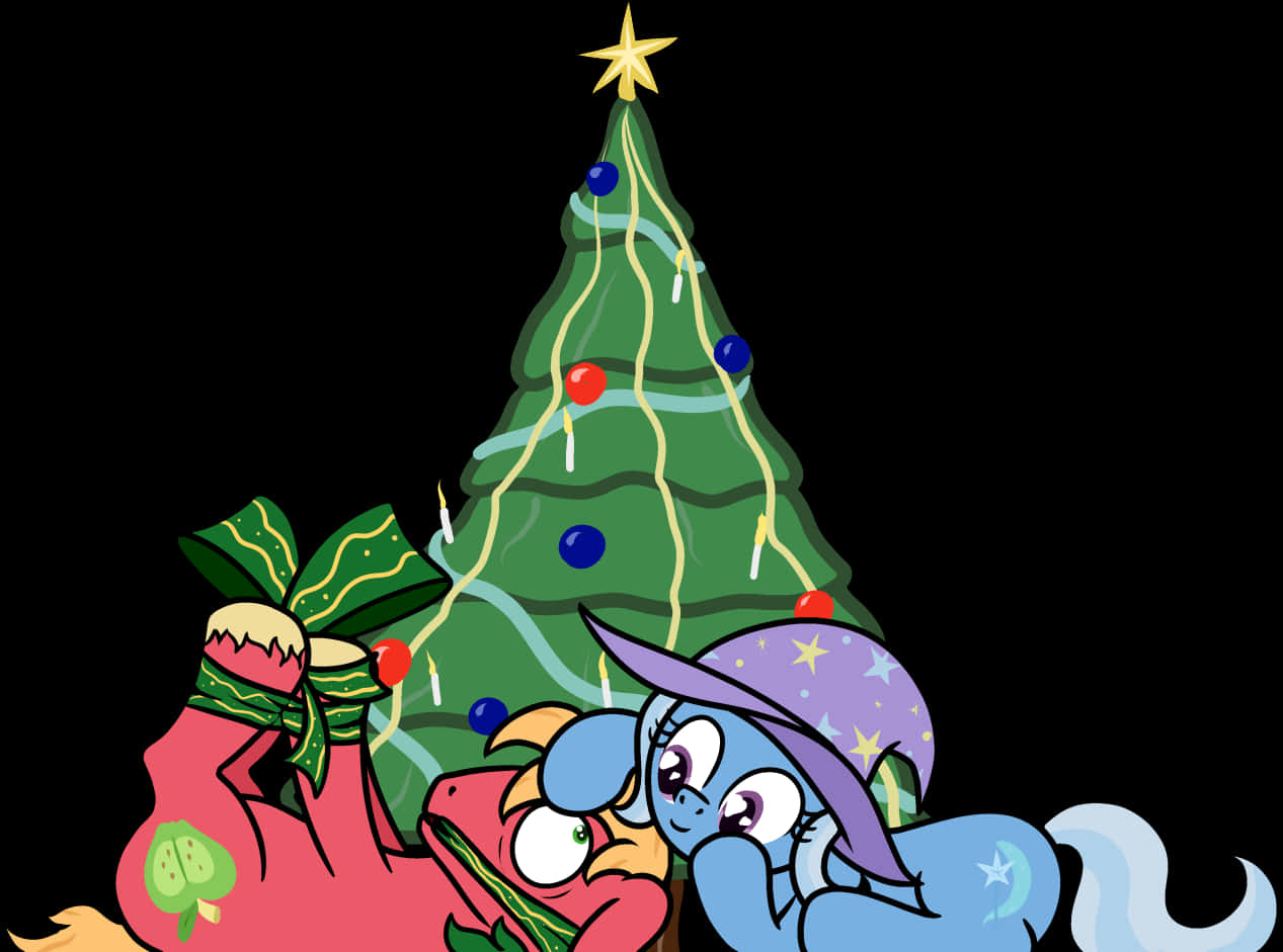 cartoon ponies, decorated Christmas tree, glowing lights, SD Desktop Wallpaper