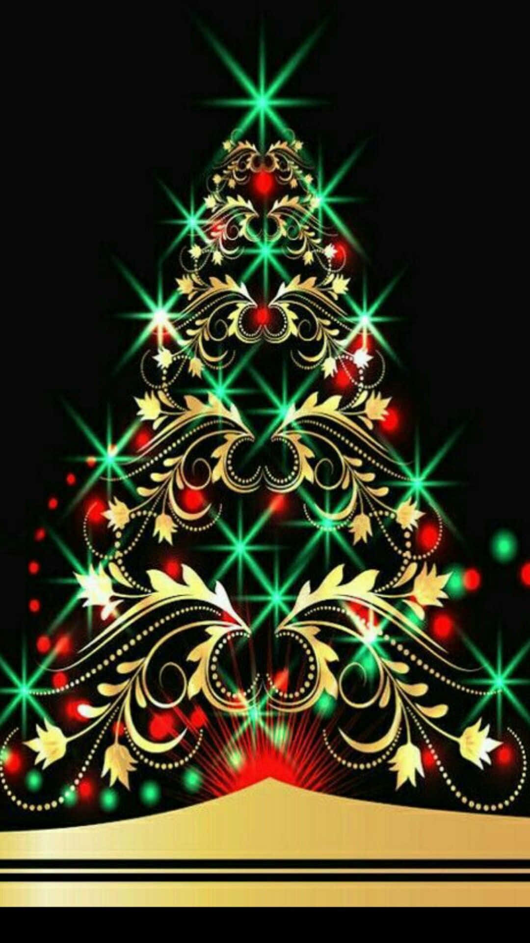 golden ornate Christmas tree, sparkling green and red lights, black background, Full HD Phone Wallpaper