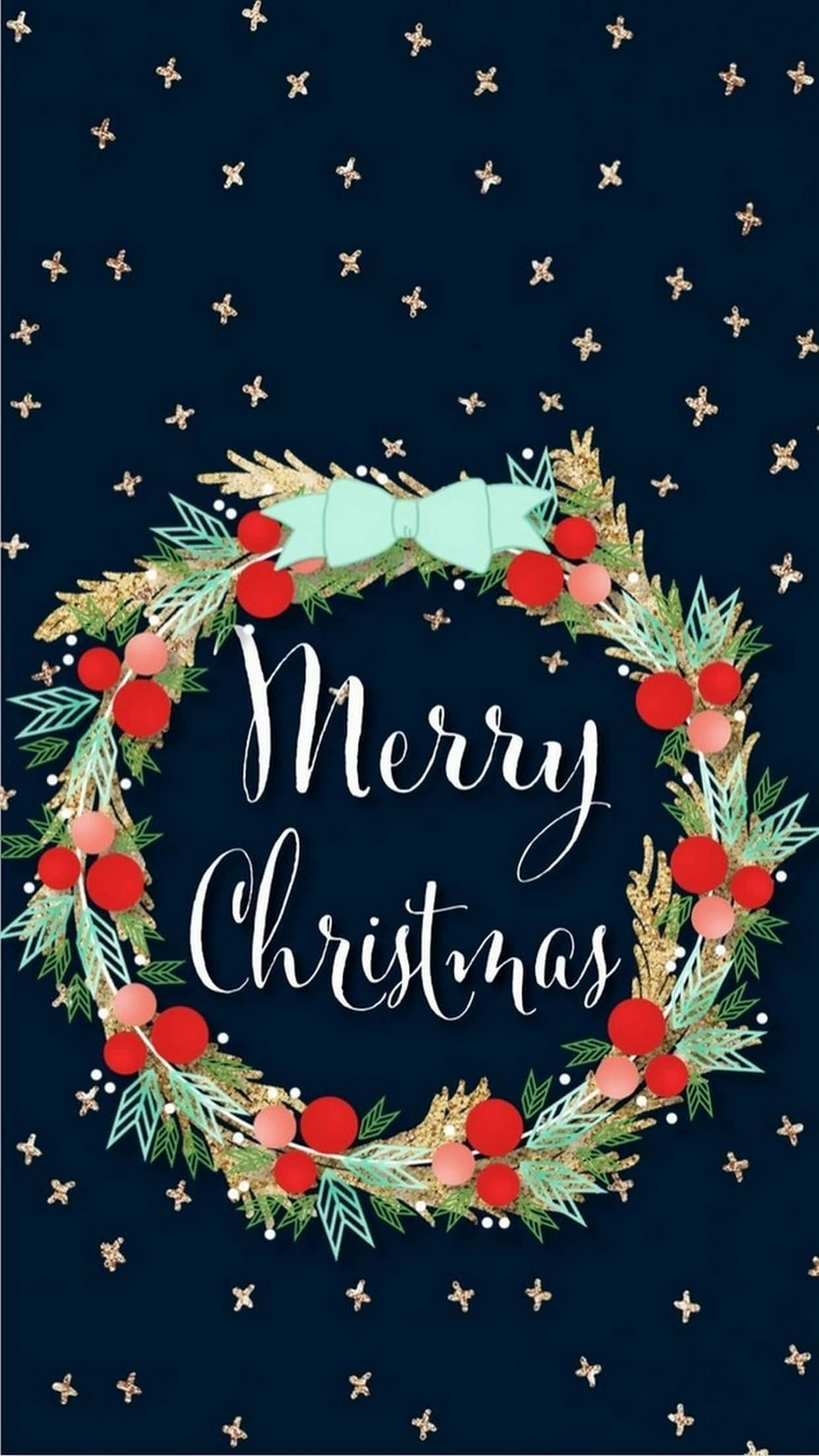 Christmas wreath, red berries, mint bow, Full HD Phone Wallpaper