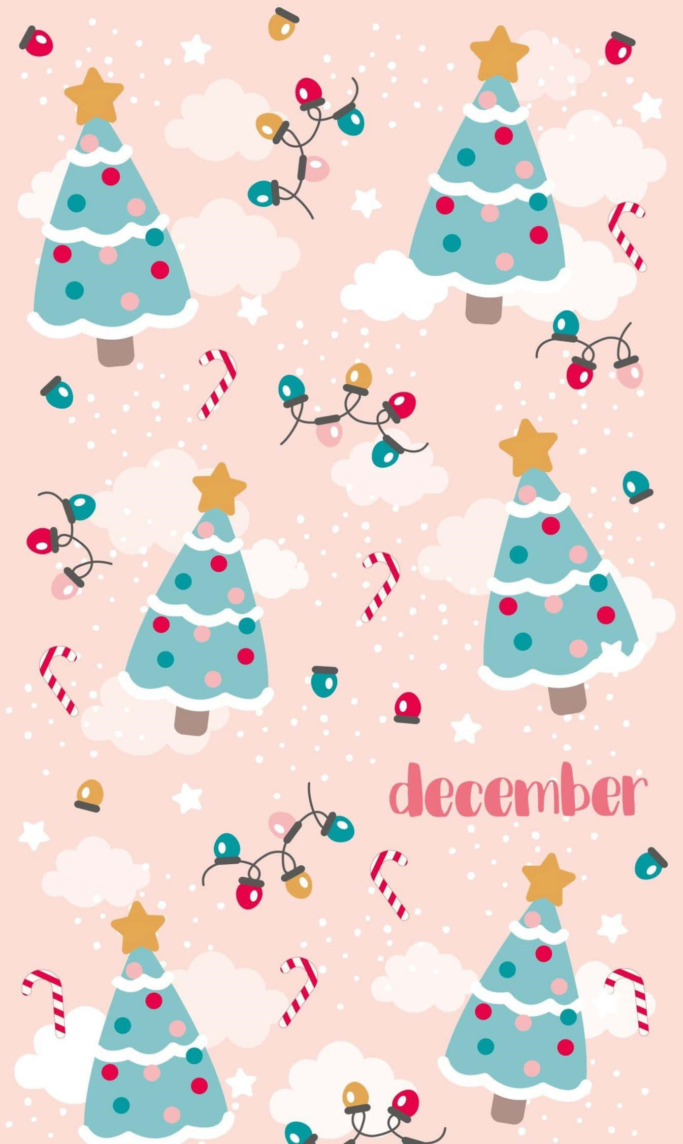 pastel pink, repeating cartoon Christmas trees, candy canes, Full HD Phone Wallpaper