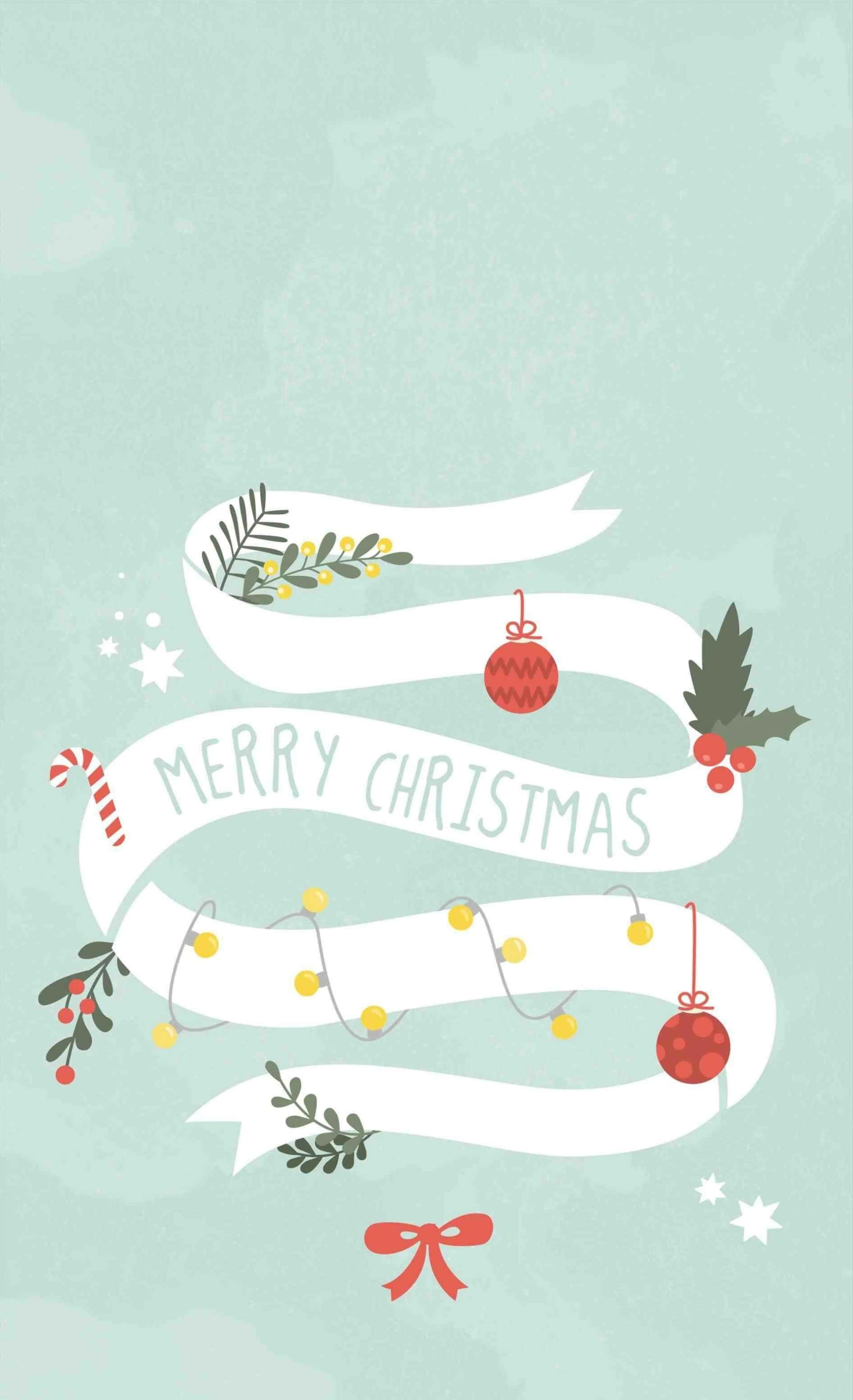 mint green, white ribbon, holly berries, 2K Phone Wallpaper