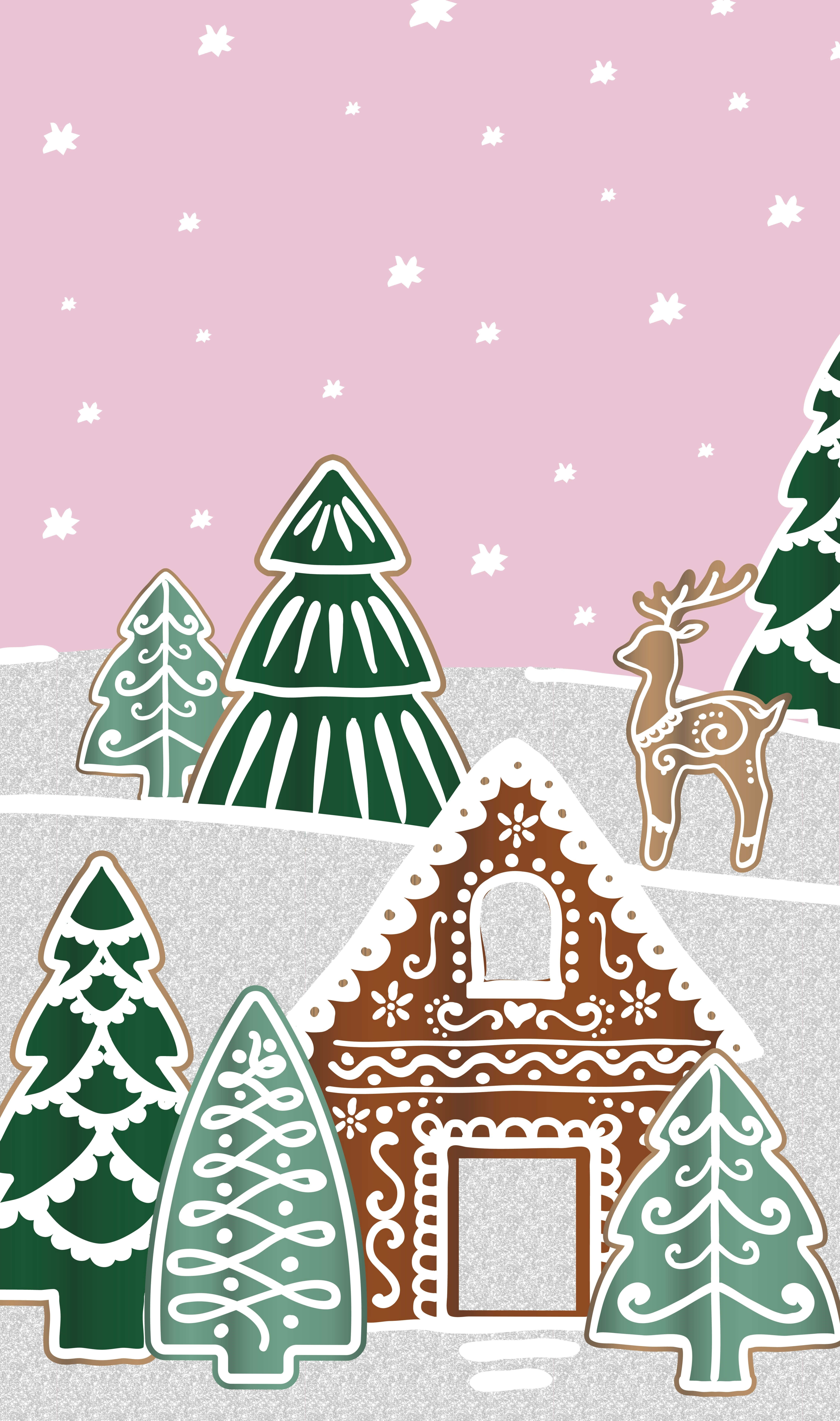gingerbread house, decorated pine trees, pink sky, 5K Phone Wallpaper