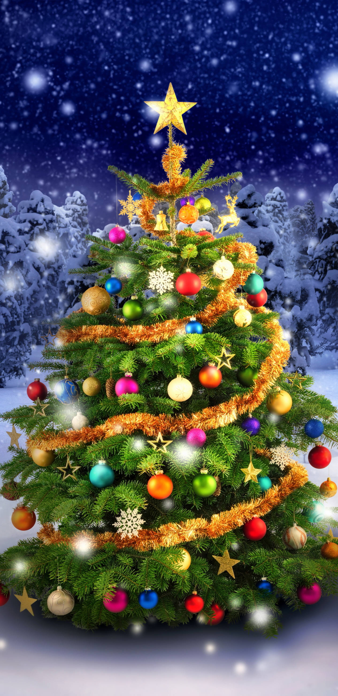 Snowy Tree Christmas Phone, Christmas tree, colorful ornaments, 2K Phone Wallpaper