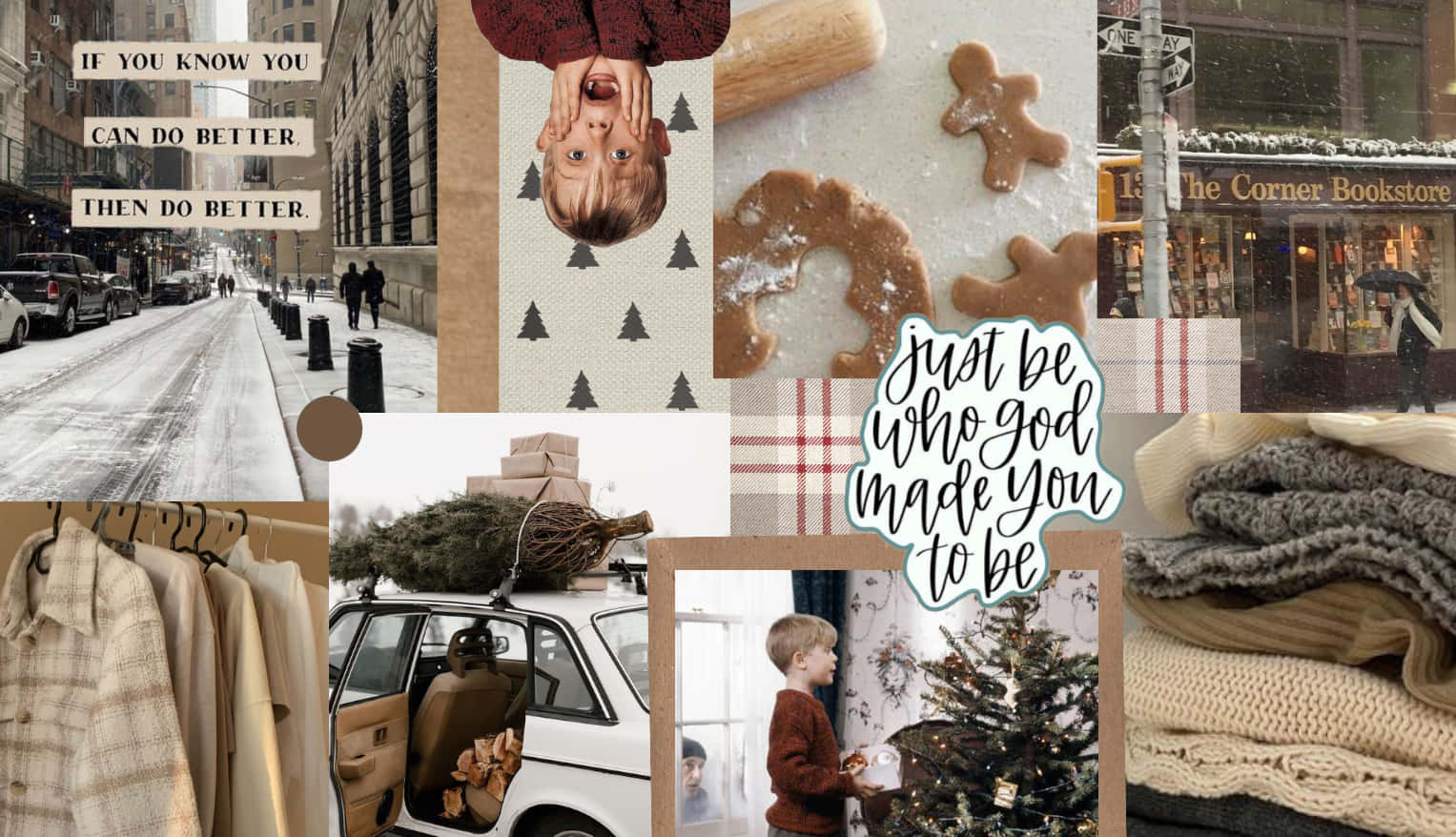 Christmas Collage Laptop, snowy streets, gingerbread cookies, HD Desktop Wallpaper