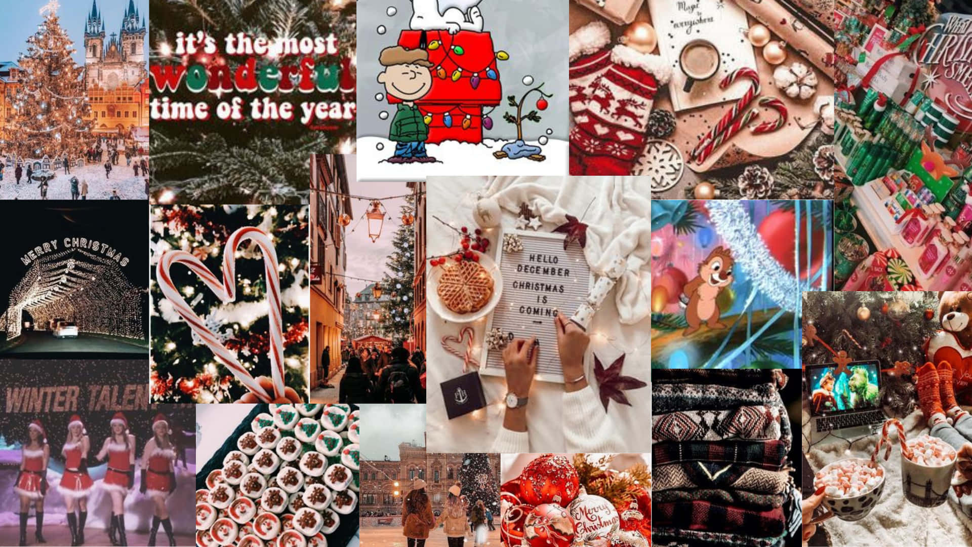 Christmas Collage Laptop, snow-covered cities, candy canes, Full HD Desktop Wallpaper