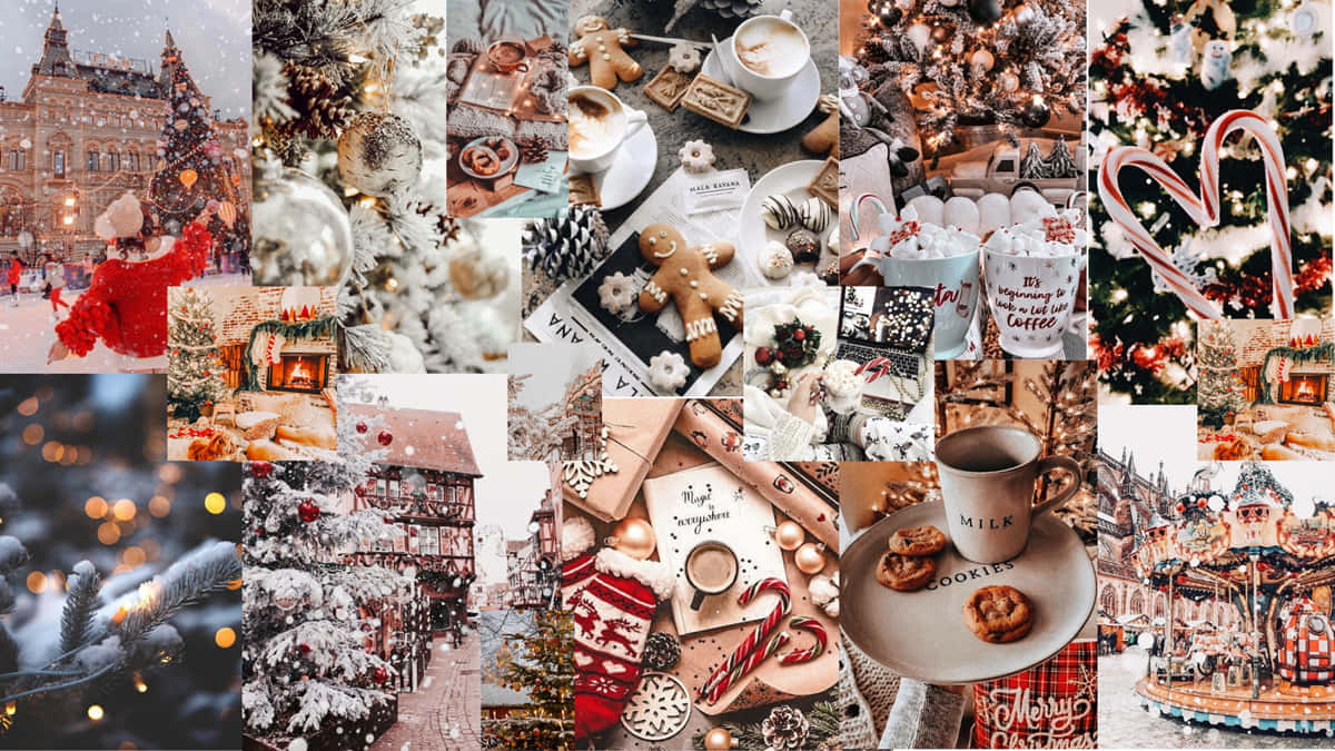 Christmas Collage Laptop, snowy Christmas scenes, cozy drinks, SD Desktop Wallpaper