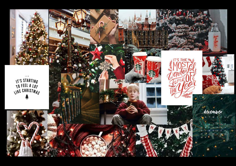 Christmas Collage Laptop, vintage photo collage, decorated trees, SD Desktop Wallpaper