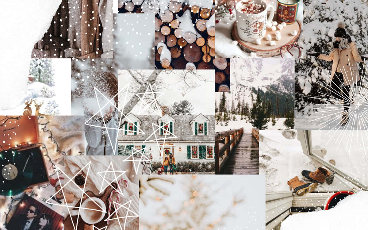 Christmas Collage Laptop, snow-covered landscapes, cozy cabins, SD Desktop Wallpaper