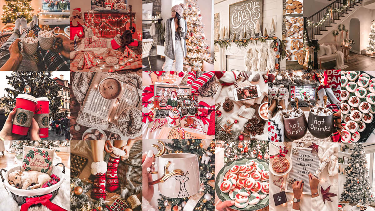 Christmas collage laptop, festive mugs, cookies, SD Desktop Wallpaper