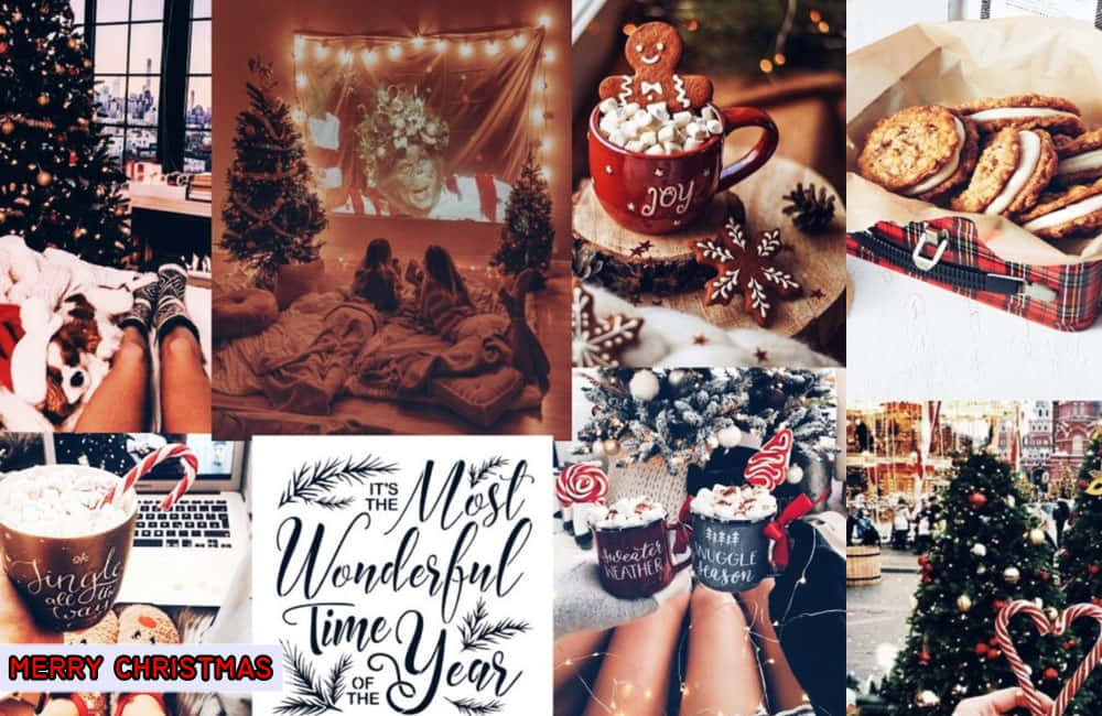 Christmas Collage Laptop, festive drinks, cookies, SD Desktop Wallpaper