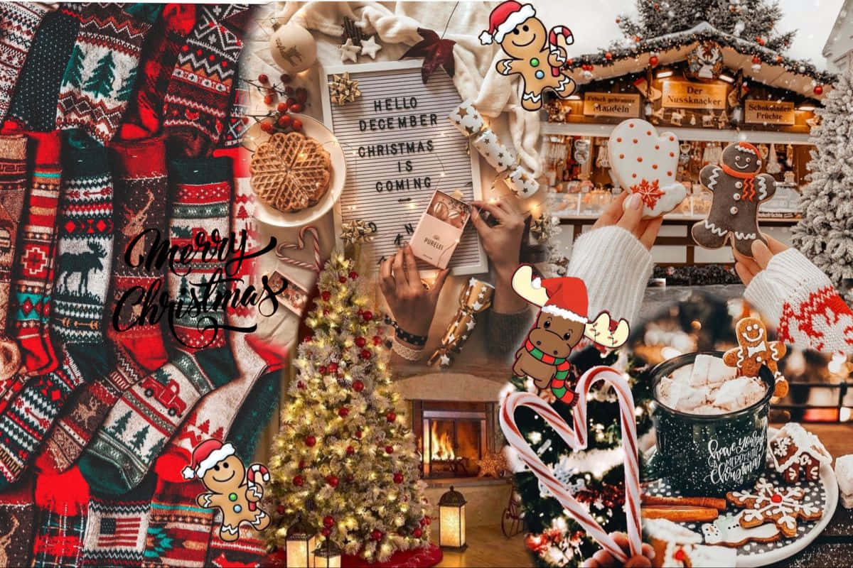 Christmas Collage Laptop, gingerbread cookies, warm drinks, SD Desktop Wallpaper