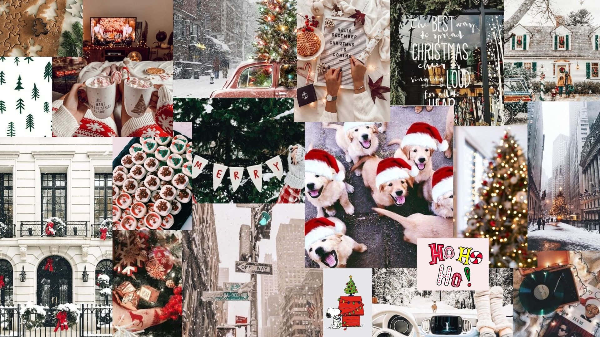 Christmas Collage, snow-covered streets, Santa-clad dogs, Full HD Desktop Wallpaper