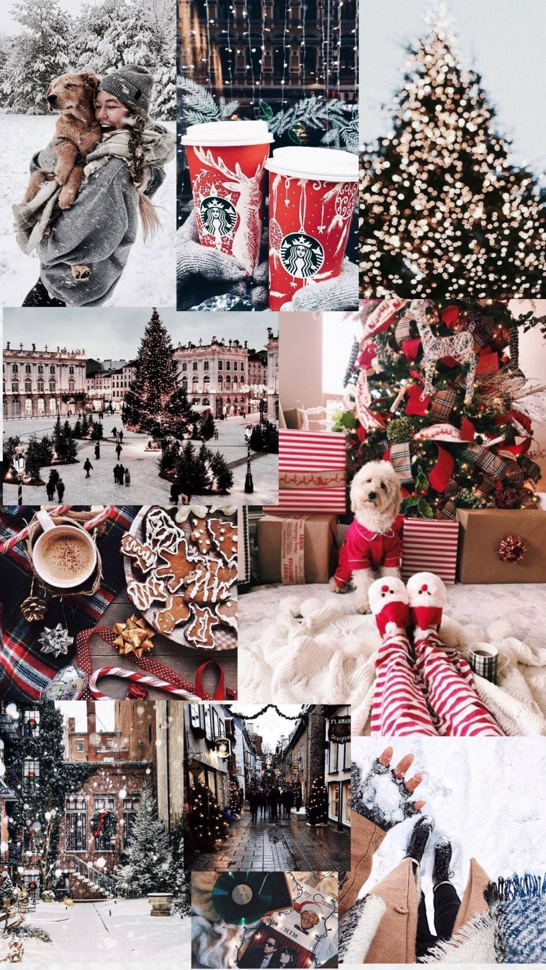 Aesthetic Christmas iPhone Collage, snowy scenes, gingerbread cookies, Full HD Phone Wallpaper