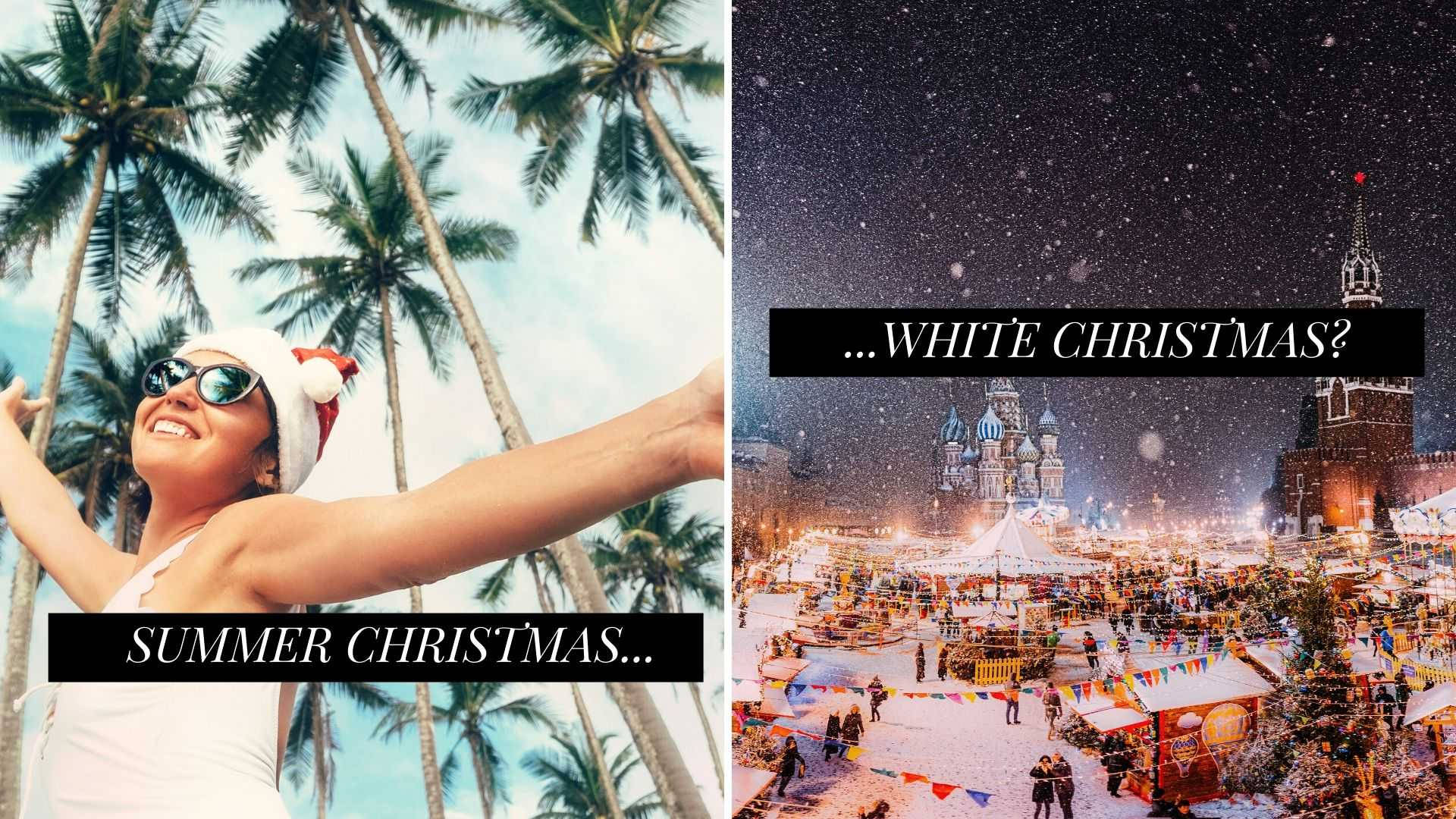 Santa hat, palm trees, snowy Christmas market, Full HD Desktop Wallpaper