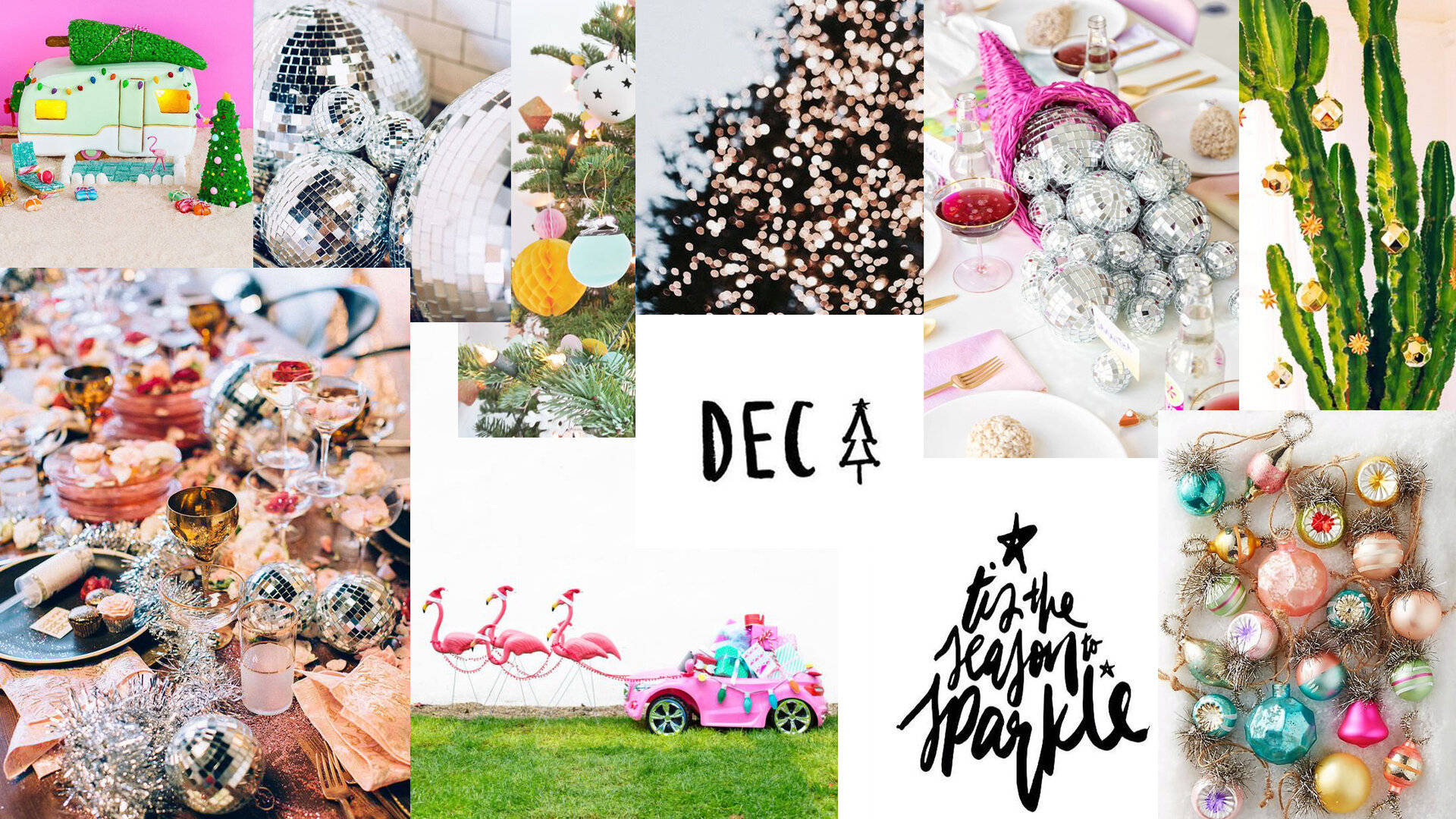 disco balls ornaments, cacti, pink flamingo car, Full HD Desktop Wallpaper