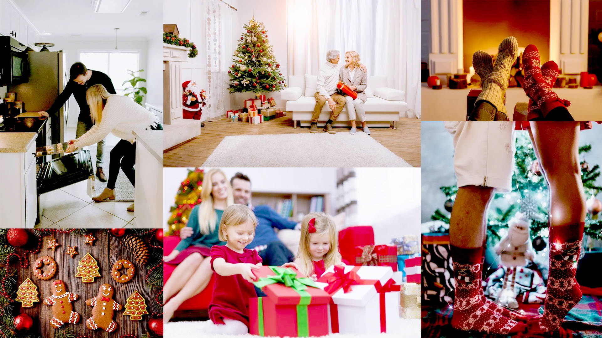 Happy Family Christmas Collage, baking cookies, opening gifts, Full HD Desktop Wallpaper
