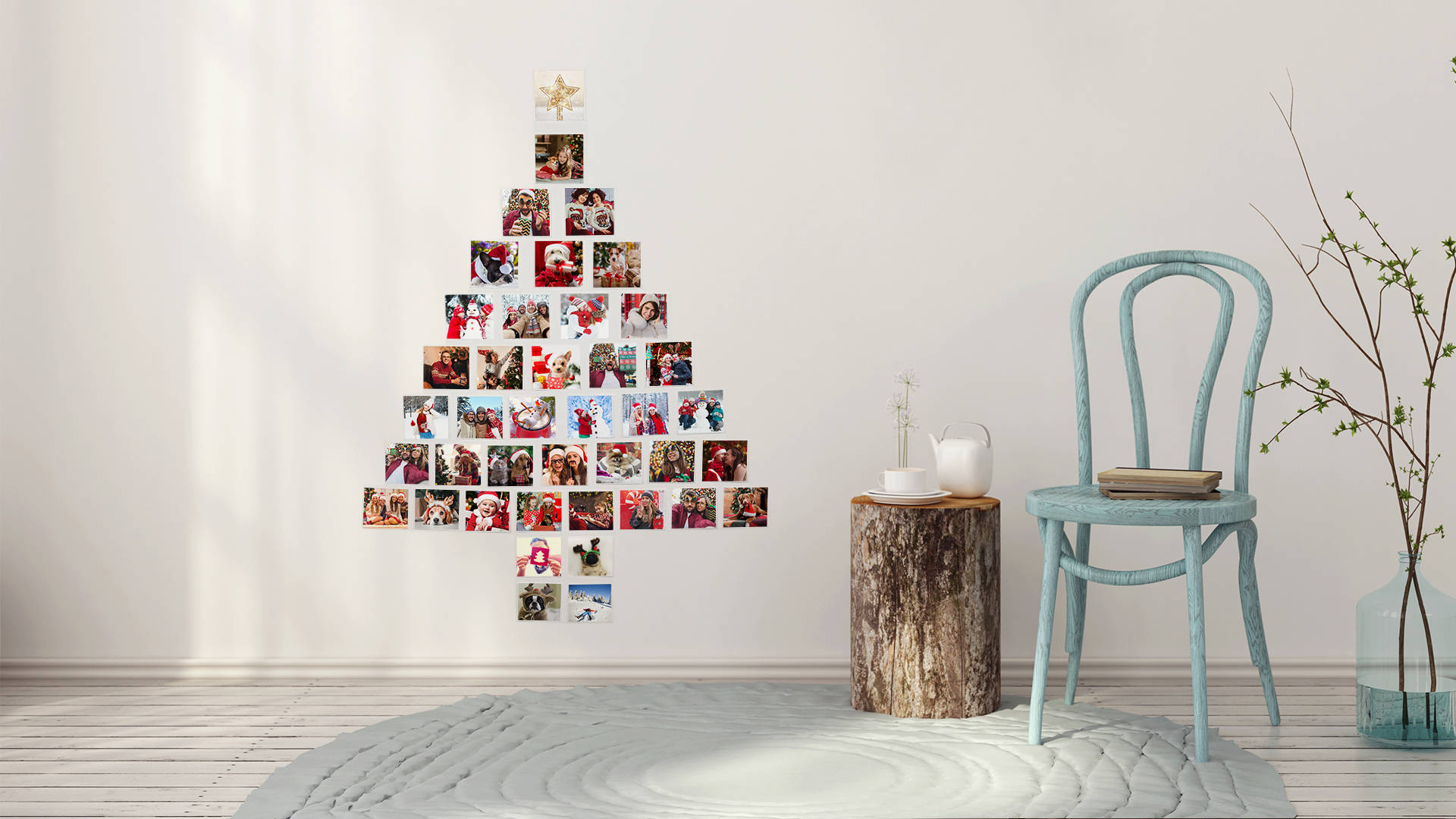 Christmas Collage Tree, family photos, rustic wooden stump, Full HD Desktop Wallpaper
