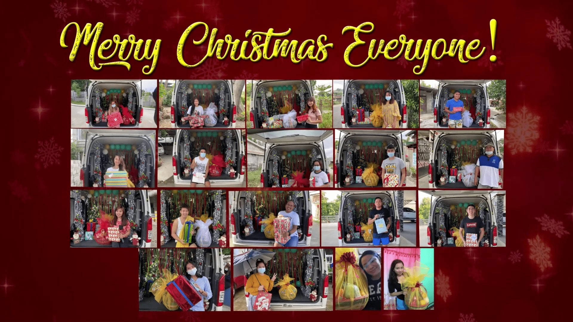 Christmas Collage Of Surprises, red background, snowflakes, Full HD Desktop Wallpaper