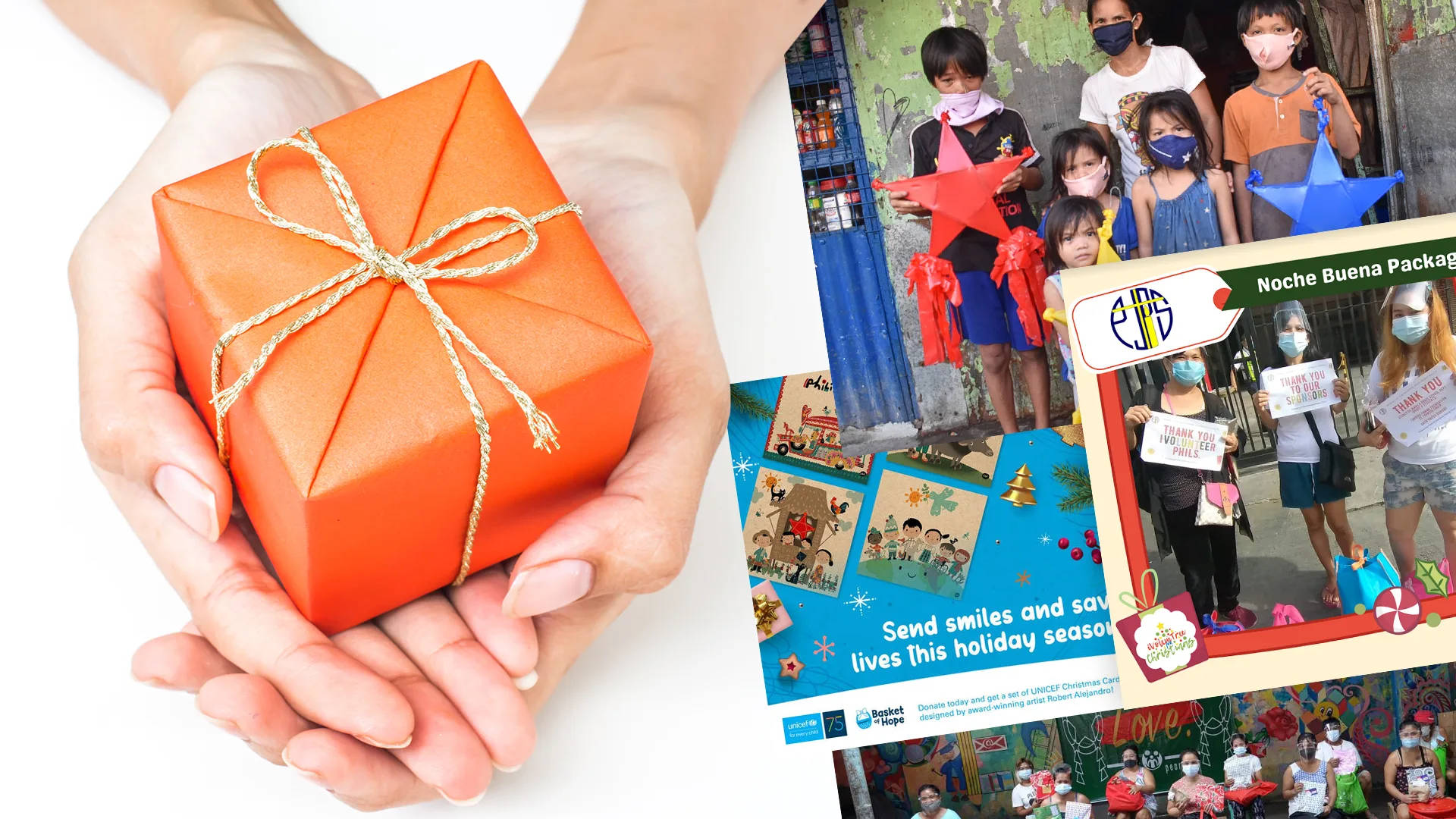 bright orange gift box, twine, collage of children in masks, Full HD Desktop Wallpaper