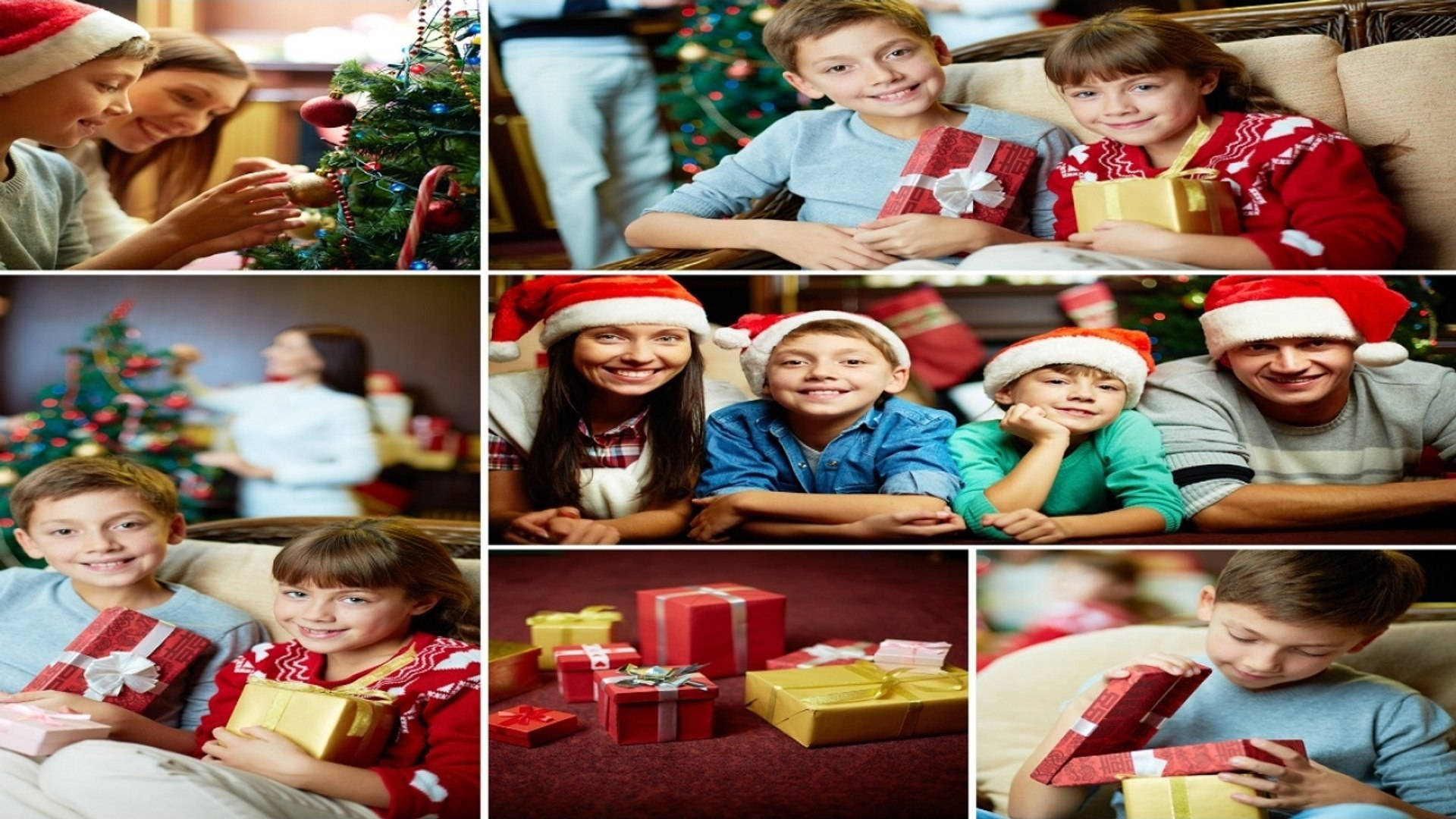Family Christmas Collage, festive gifts, decorated tree, Full HD Desktop Wallpaper
