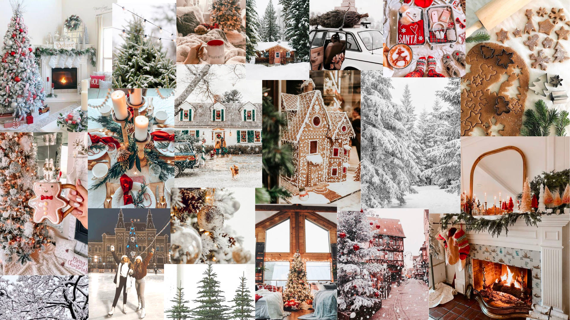 white themed christmas collage, snow-covered trees, cozy fireplaces, Full HD Desktop Wallpaper