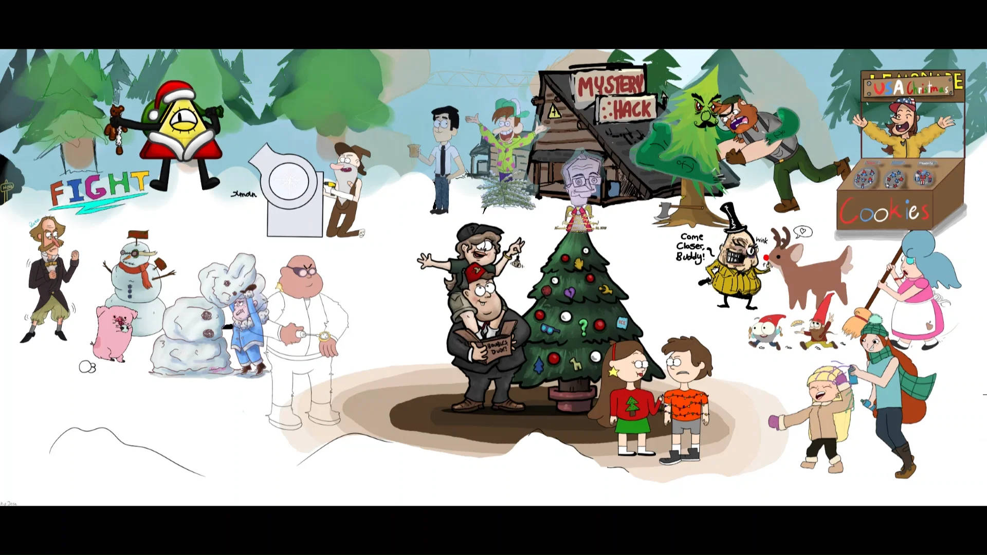 Cartoon Christmas Collage, Christmas tree, snowy forest, Full HD Desktop Wallpaper