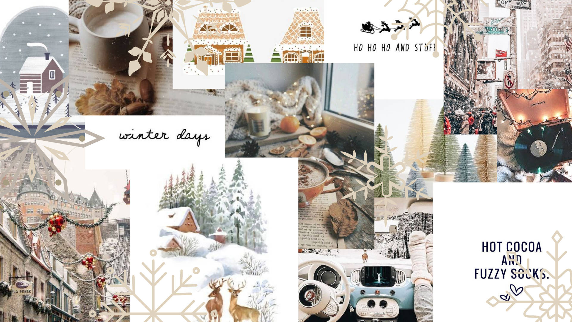 white christmas collage, snow-covered houses, hot cocoa, Full HD Desktop Wallpaper