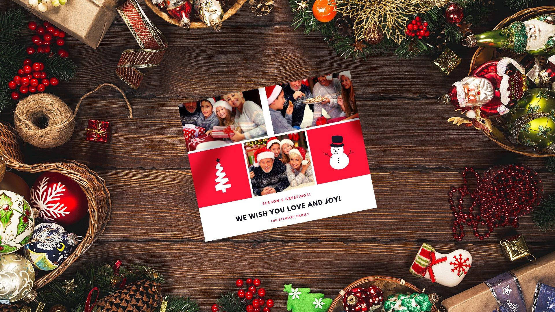 Christmas Collage Card, rustic wooden table, ornaments, Full HD Desktop Wallpaper