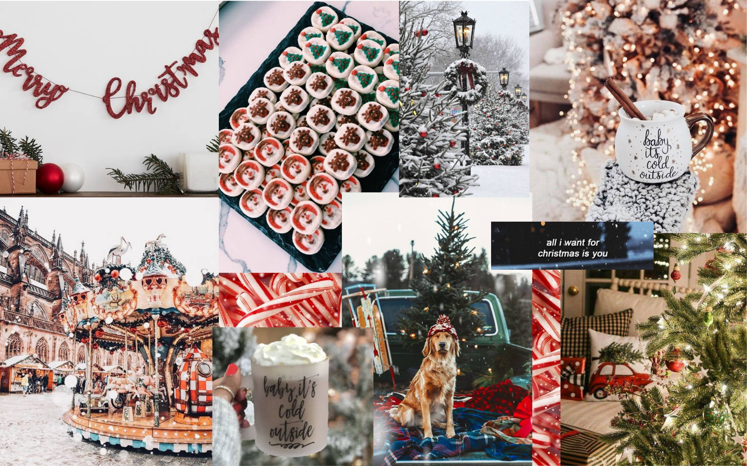 Christmas Collage, golden retriever, decorated trees, 2K Desktop Wallpaper