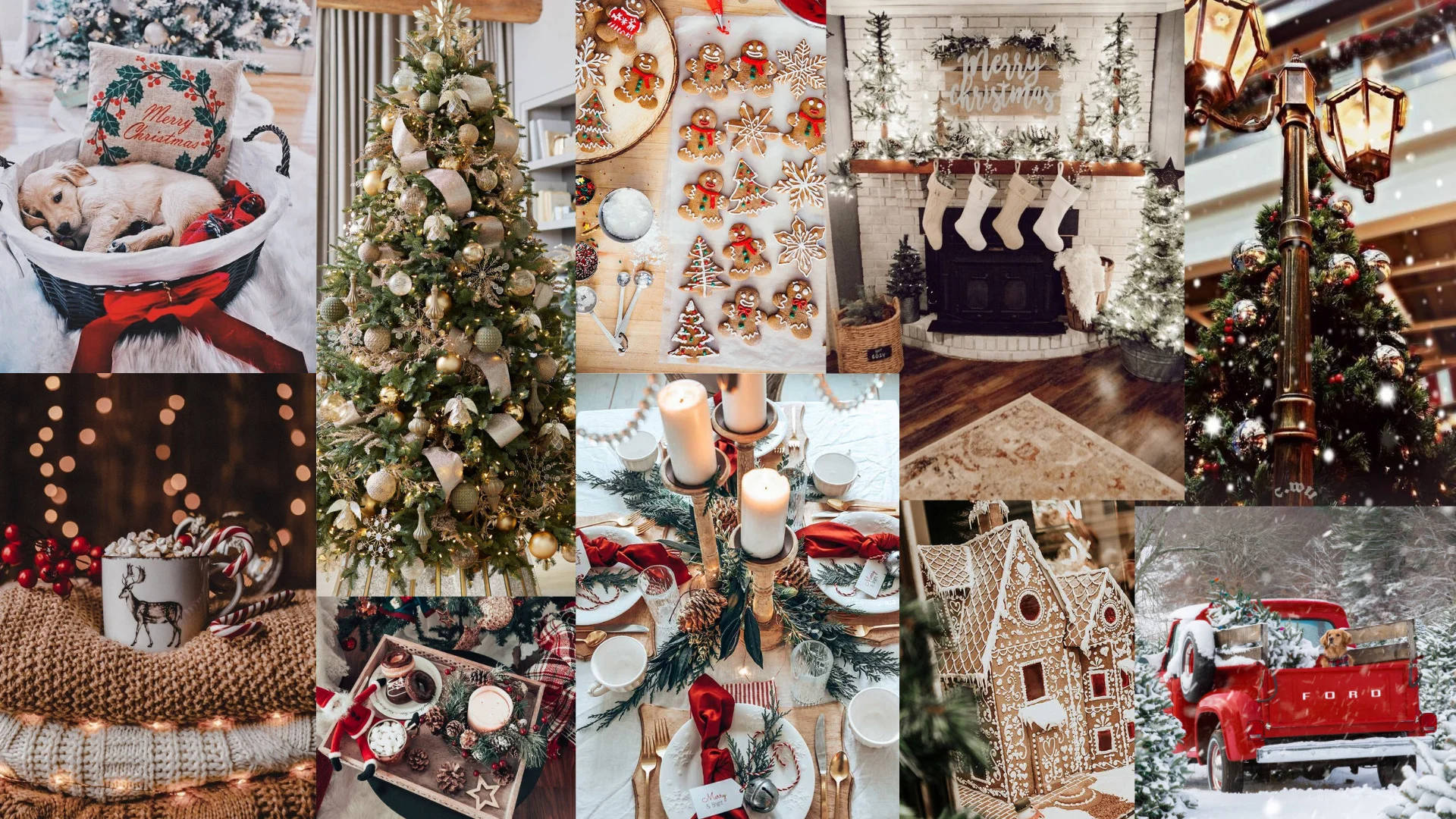 Christmas Collage, decorated trees, gingerbread houses, Full HD Desktop Wallpaper