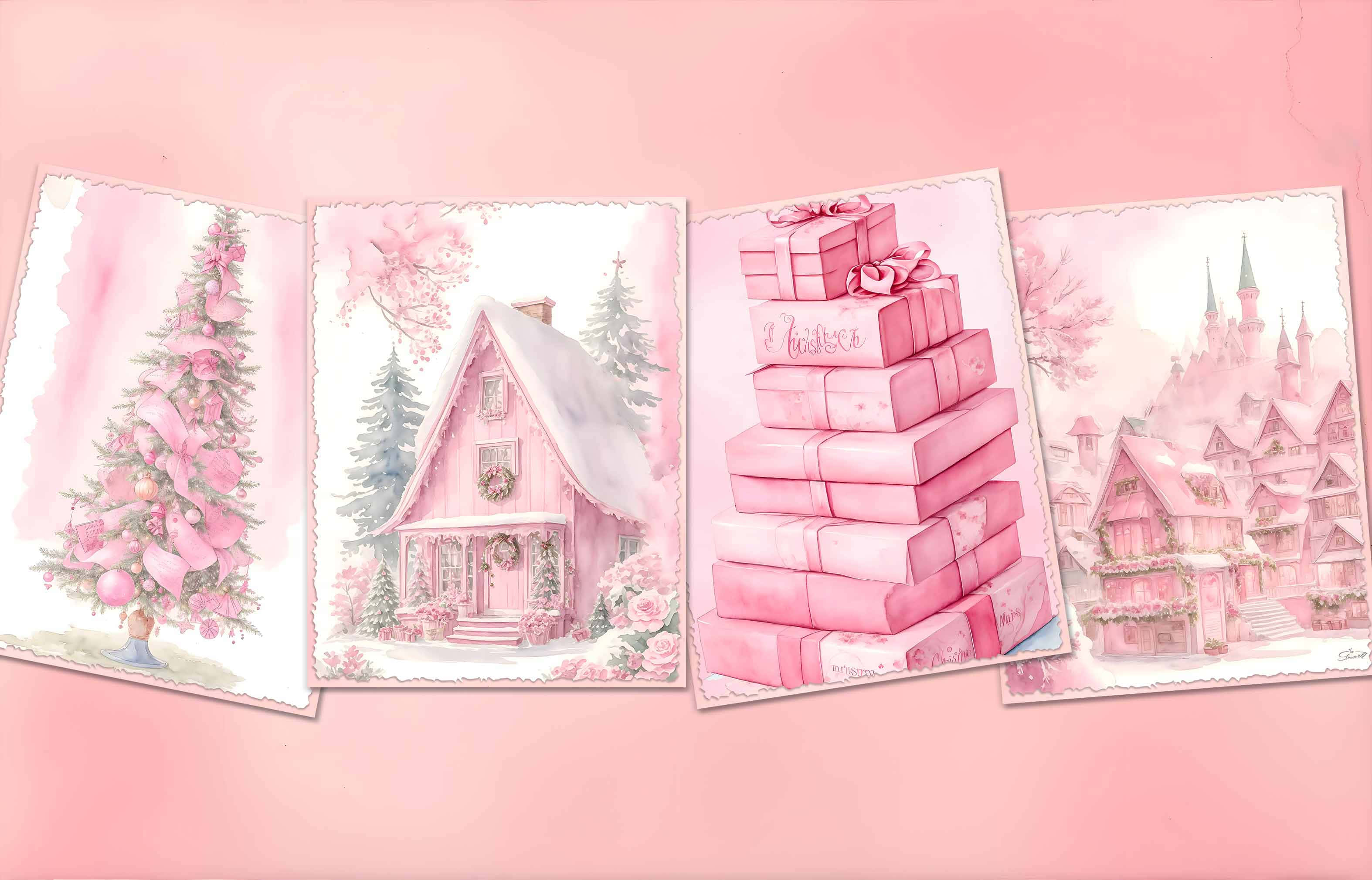 vintage pink christmas collage, pink-themed holiday cards, decorated tree, 2K Desktop Wallpaper