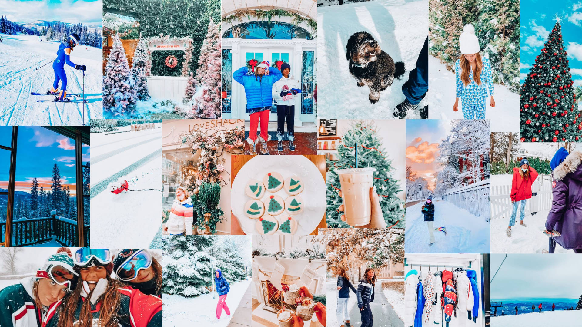 Preppy Blue, Christmas Collage, skiers, Full HD Desktop Wallpaper