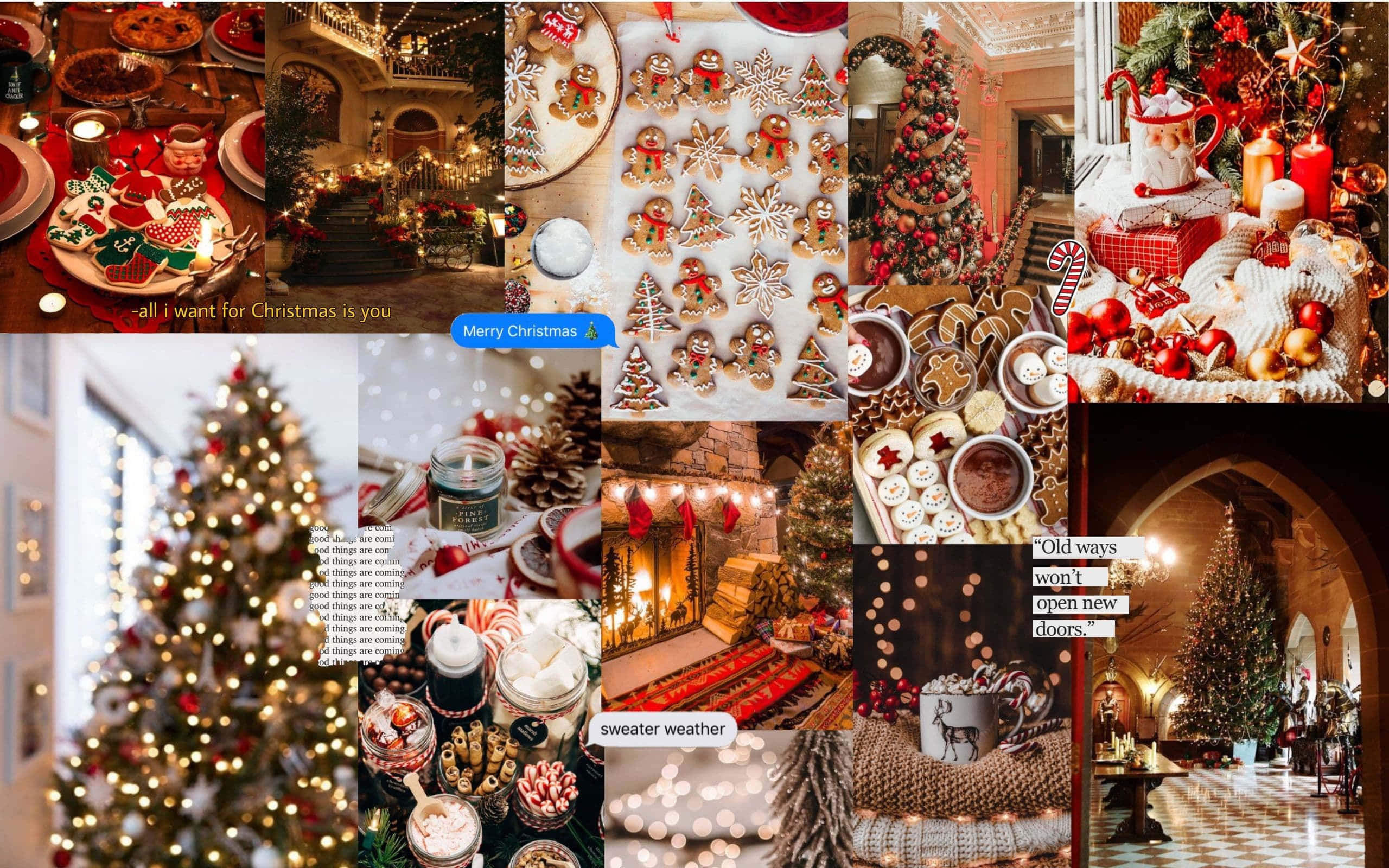 Christmas Aesthetic Collage, warm festive moments, decorated trees, 2K Desktop Wallpaper