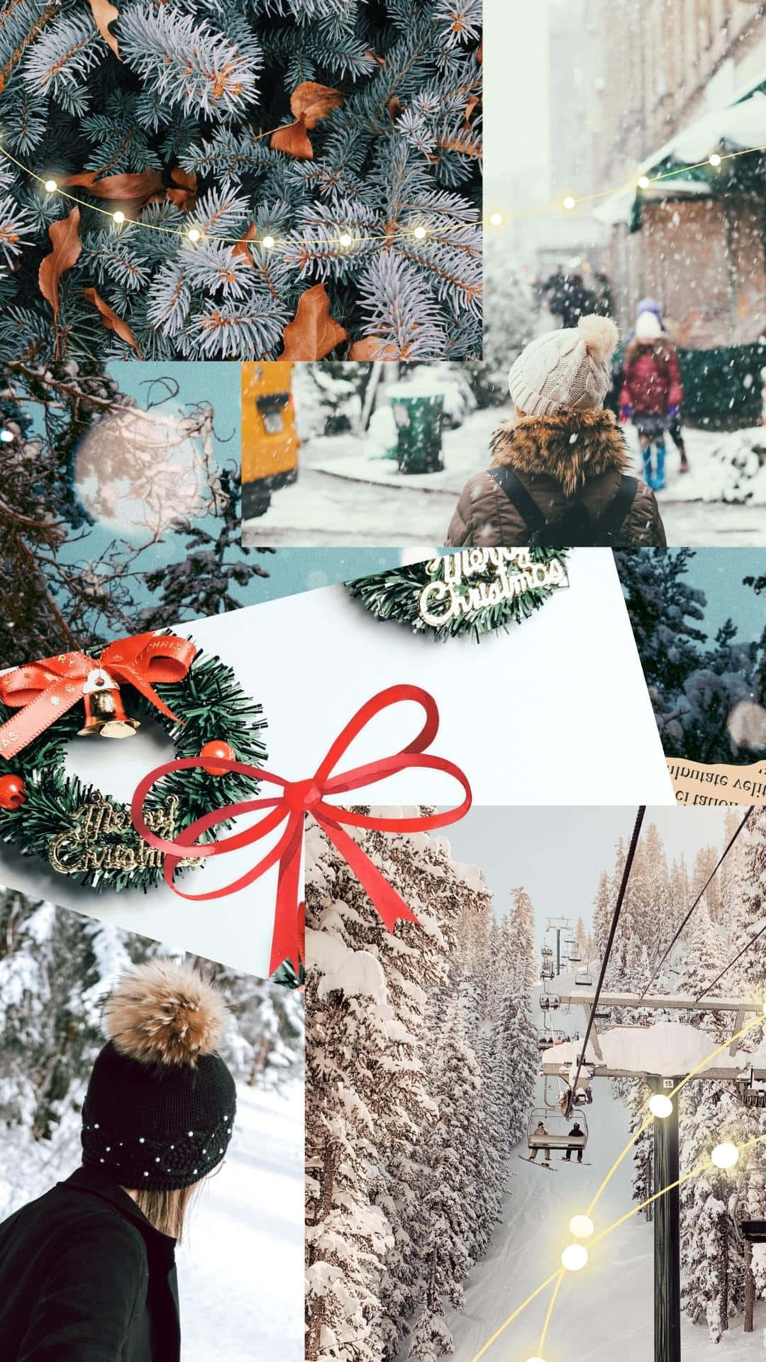 White Christmas Collage, winter scenes, snow-covered pine trees, Full HD Phone Wallpaper