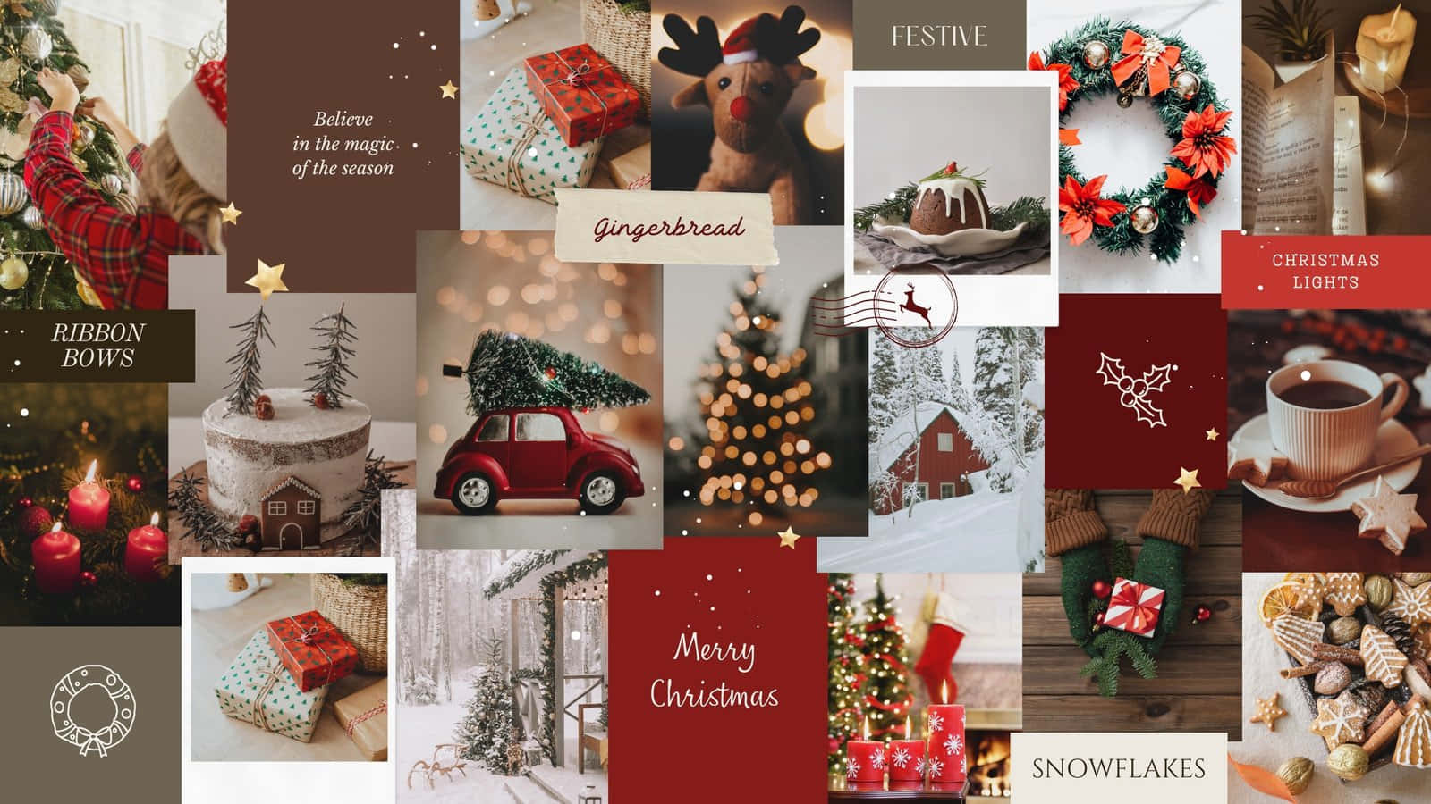 Christmas Collage, reindeer plushie, gingerbread cake, HD Desktop Wallpaper