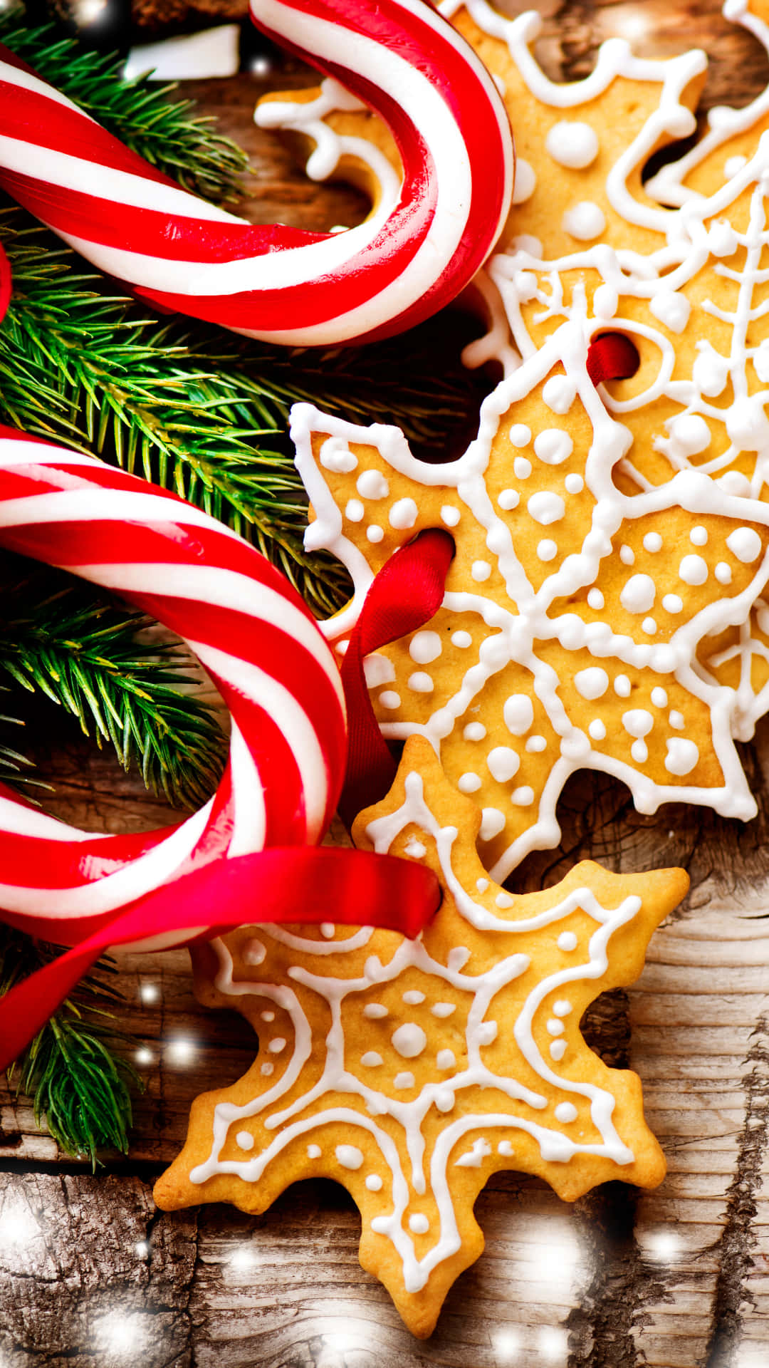 gingerbread snowflakes, candy canes, pine needles, Full HD Phone Wallpaper