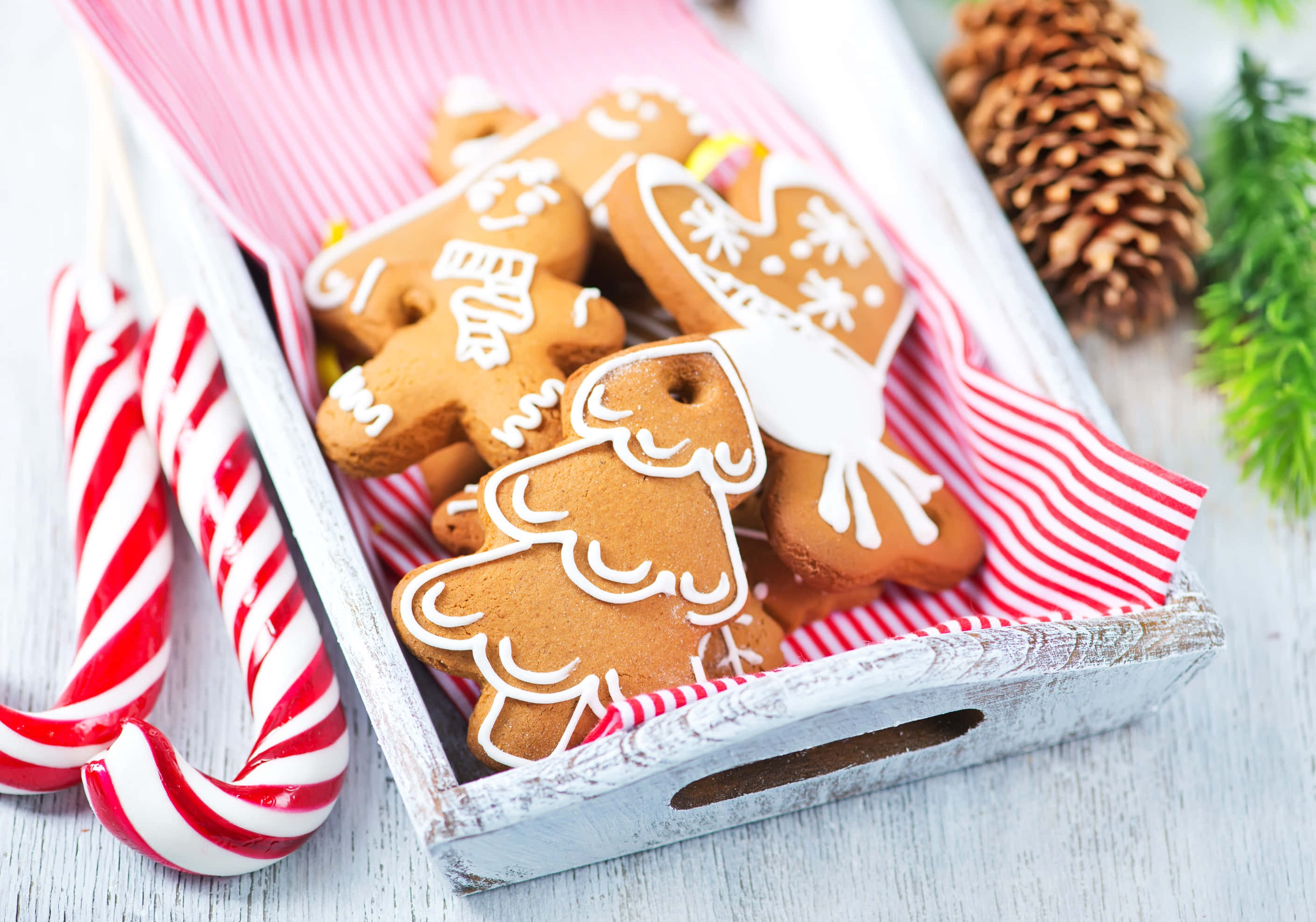 gingerbread cookies, trees, hearts, 2K Desktop Wallpaper