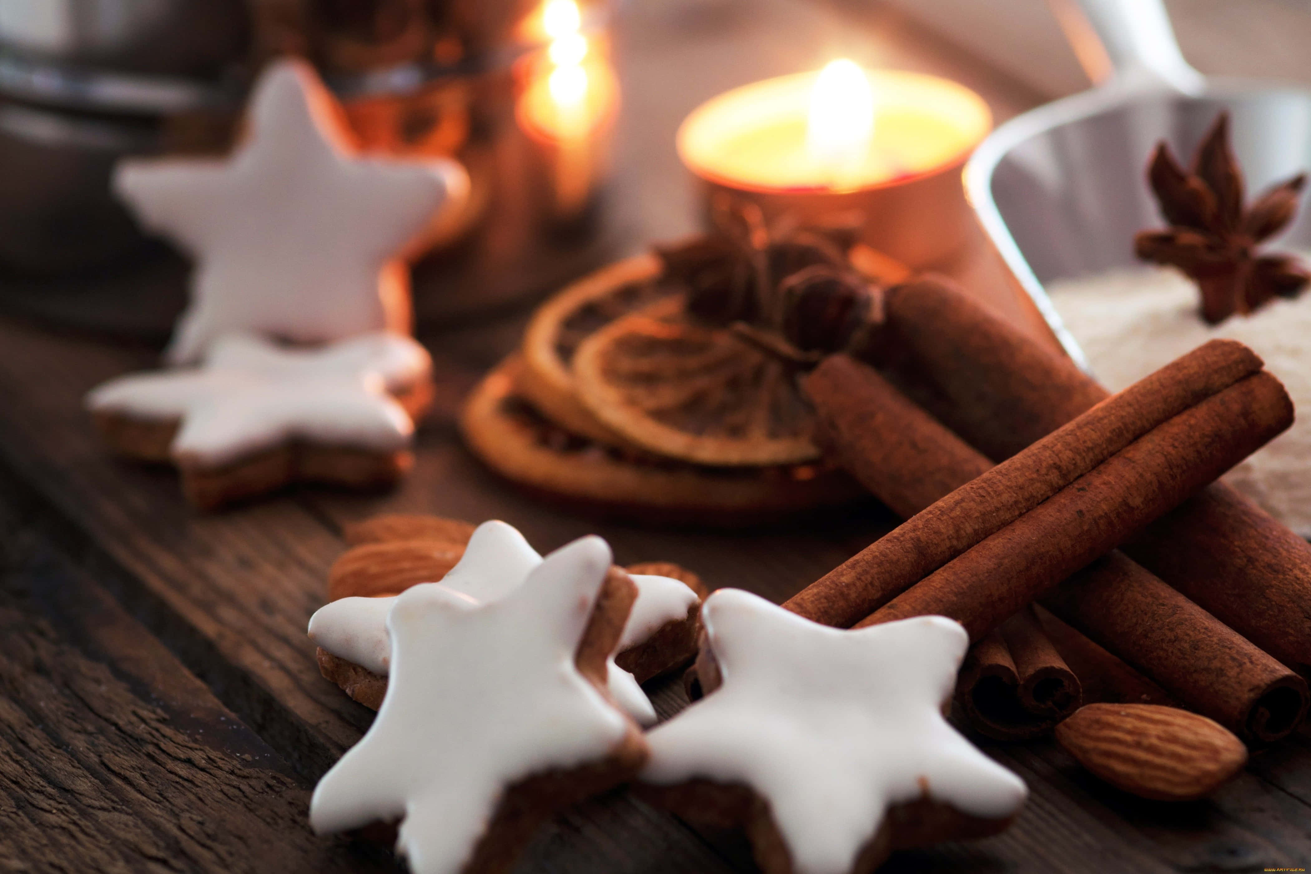 Christmas Cookies, cinnamon sticks, dried orange slices, 4K Desktop Wallpaper