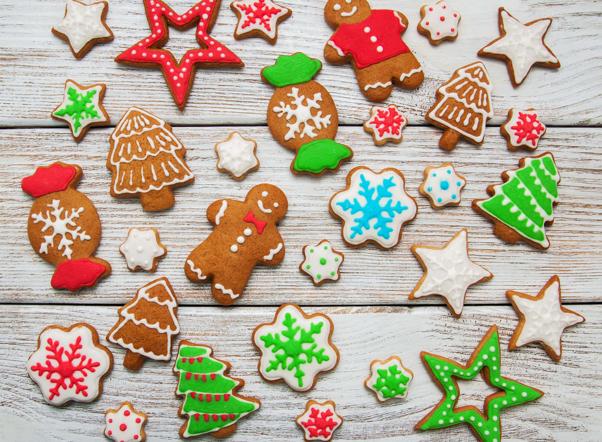 gingerbread cookies, trees, stars, Full HD Desktop Wallpaper