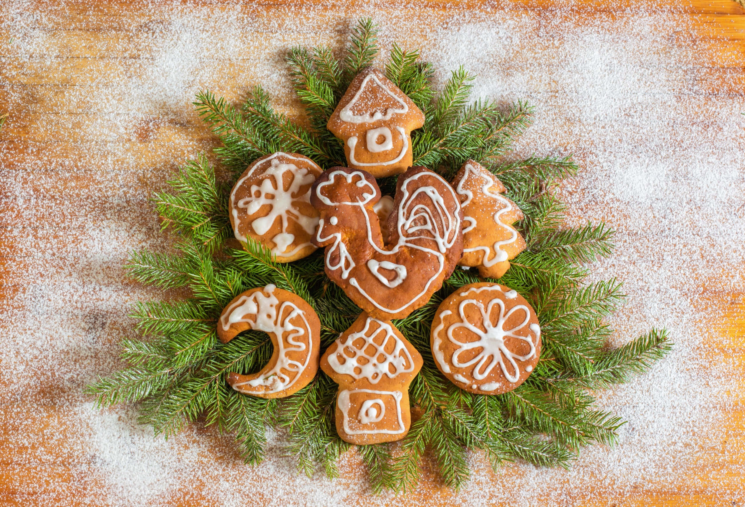 Gingerbread cookies, roosters houses, trees, 2K Desktop Wallpaper