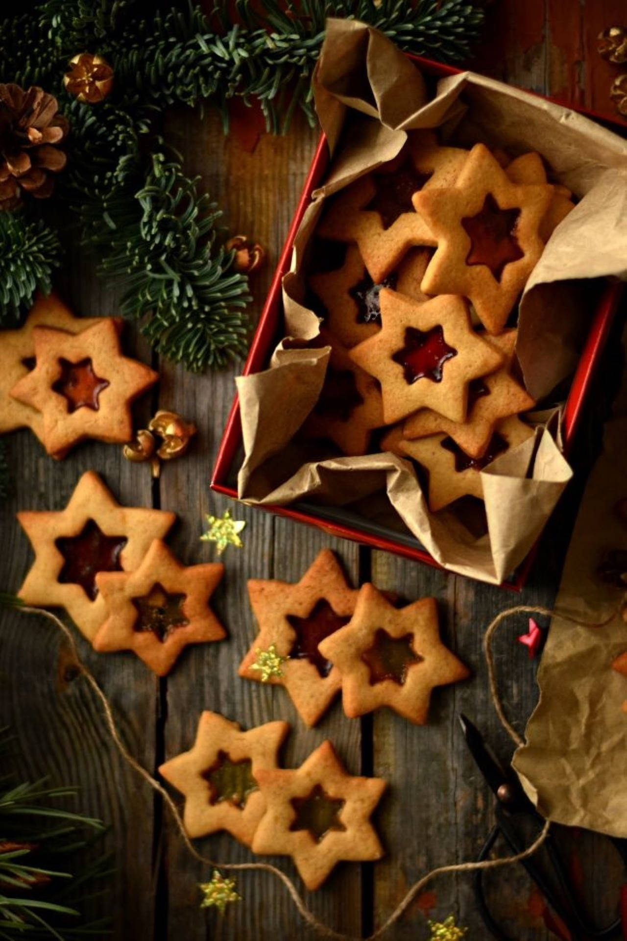 star-shaped cookies, jam-filled cookies, red box, Full HD Phone Wallpaper