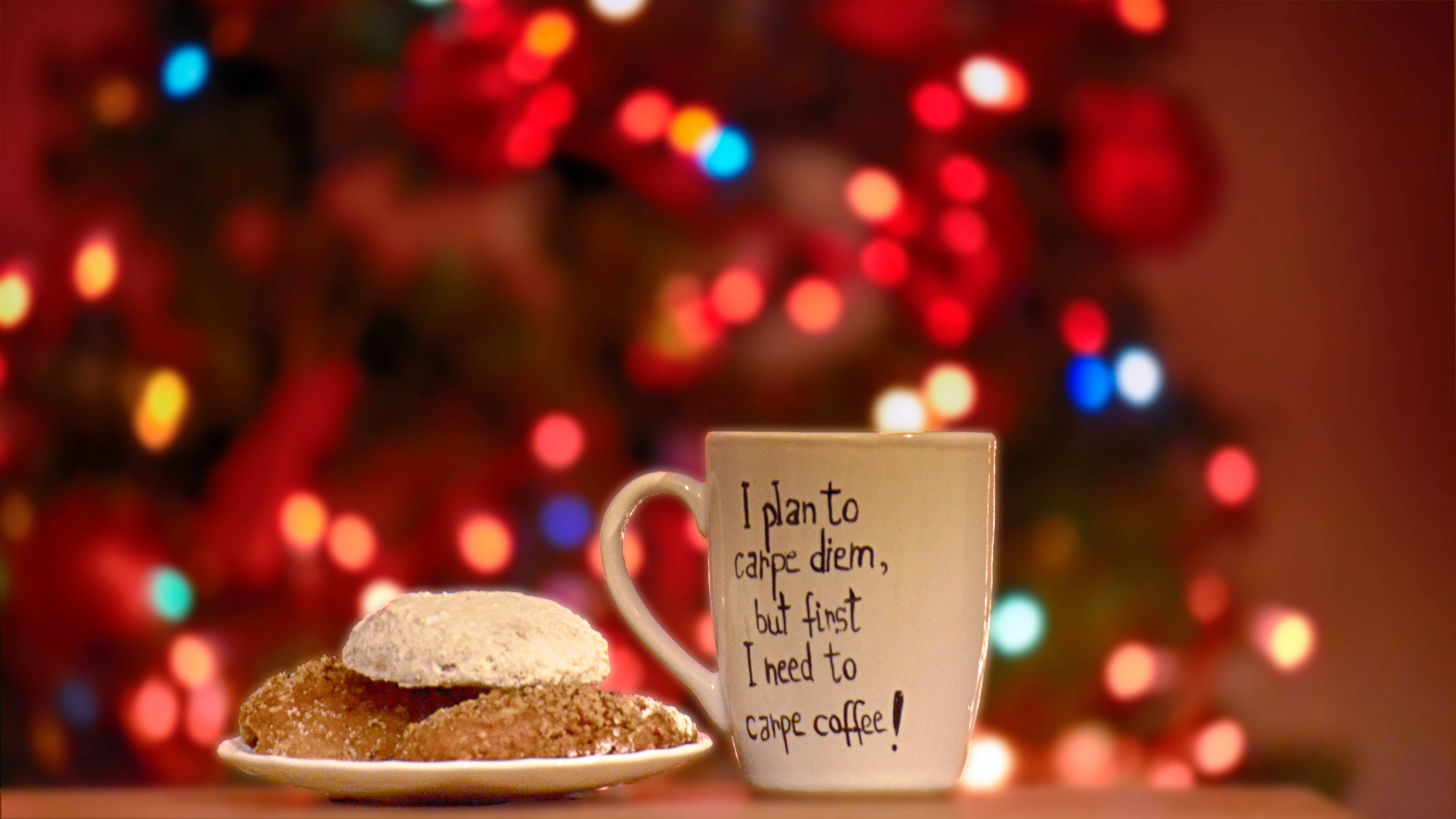 I plan to carpe diem but first I need to carpe coffee, sugared cookies, festive bokeh Christmas tree, 4K Desktop Wallpaper