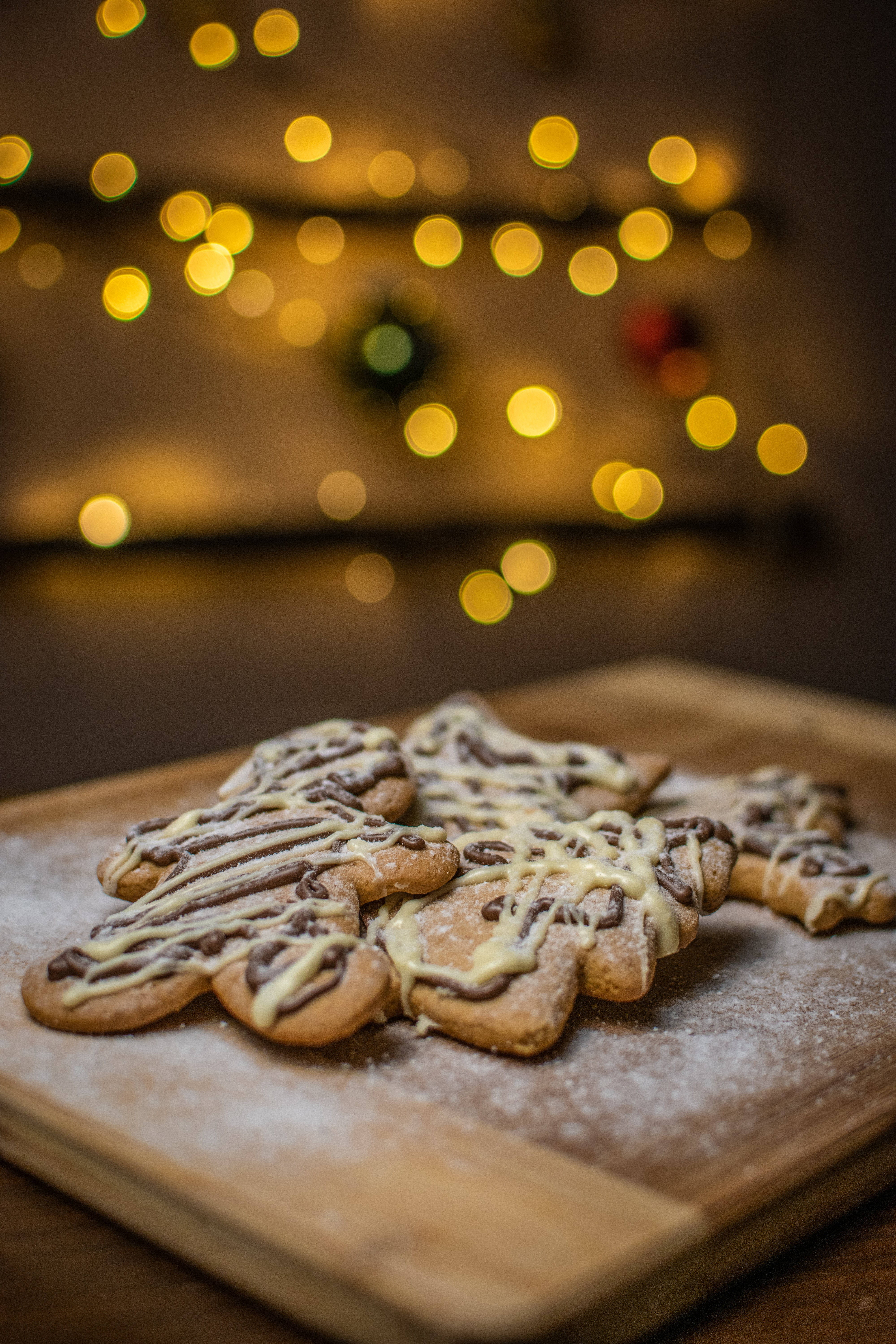 golden gingerbread cookies, shaped like trees, drizzled with chocolate, 5K Phone Wallpaper
