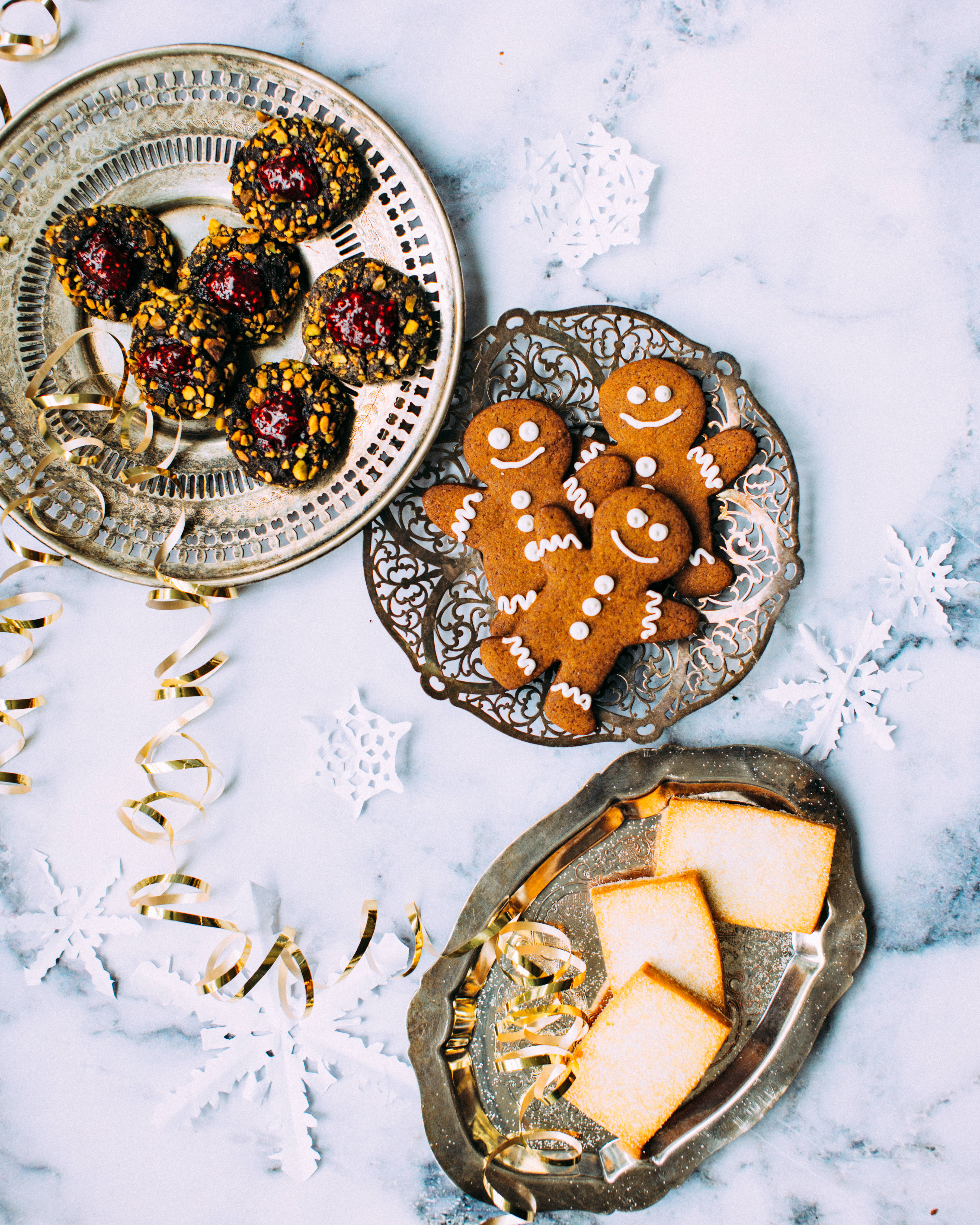 gingerbread man cookies, silver plates, cherry truffles, 4K Phone Wallpaper