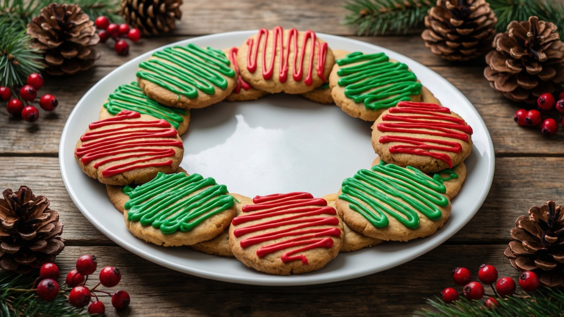 cookie wreath, gingerbread cookies, red and green icing, Full HD Desktop Wallpaper